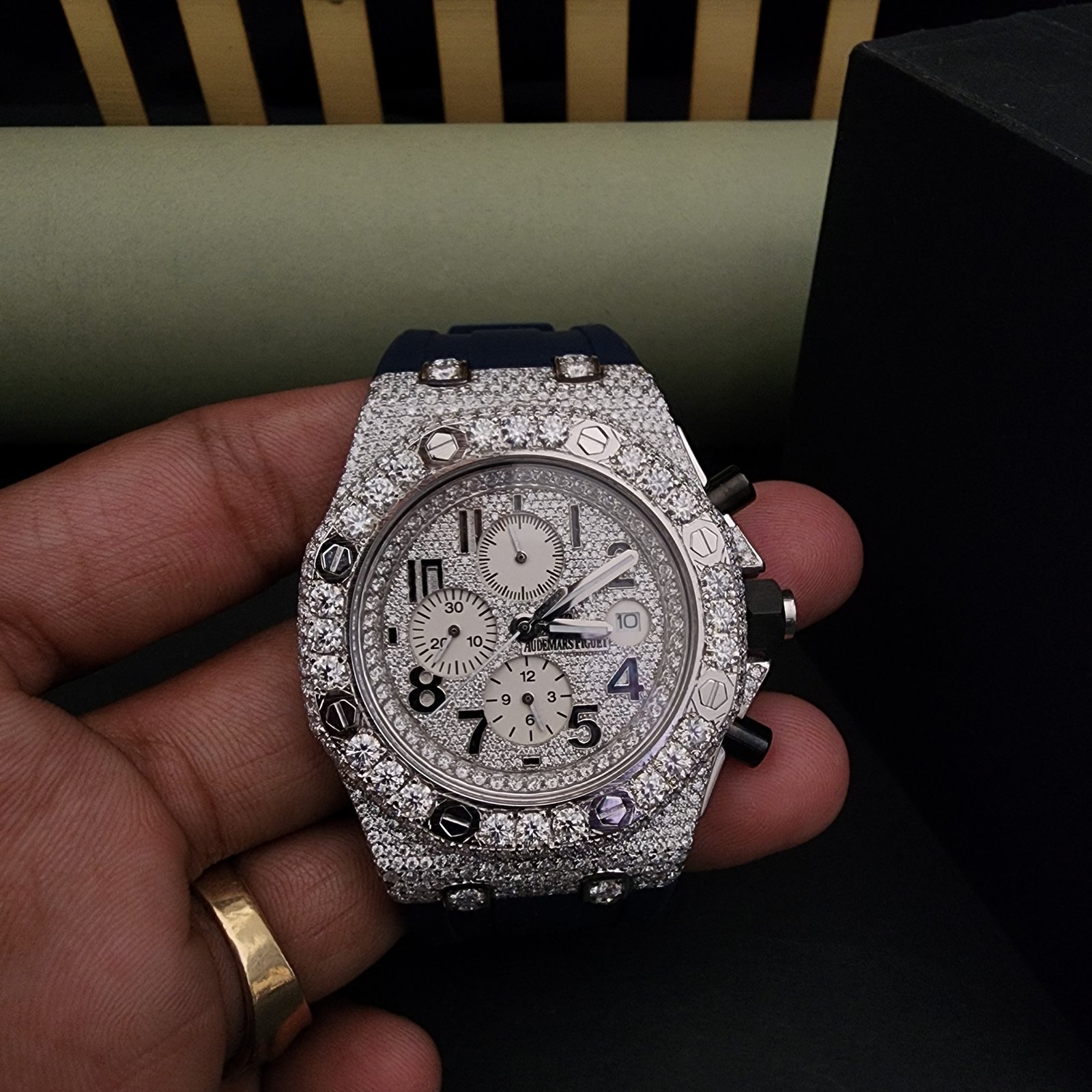 Half Iced Out Diamond Watch With Blue Rubber Band Alternate View