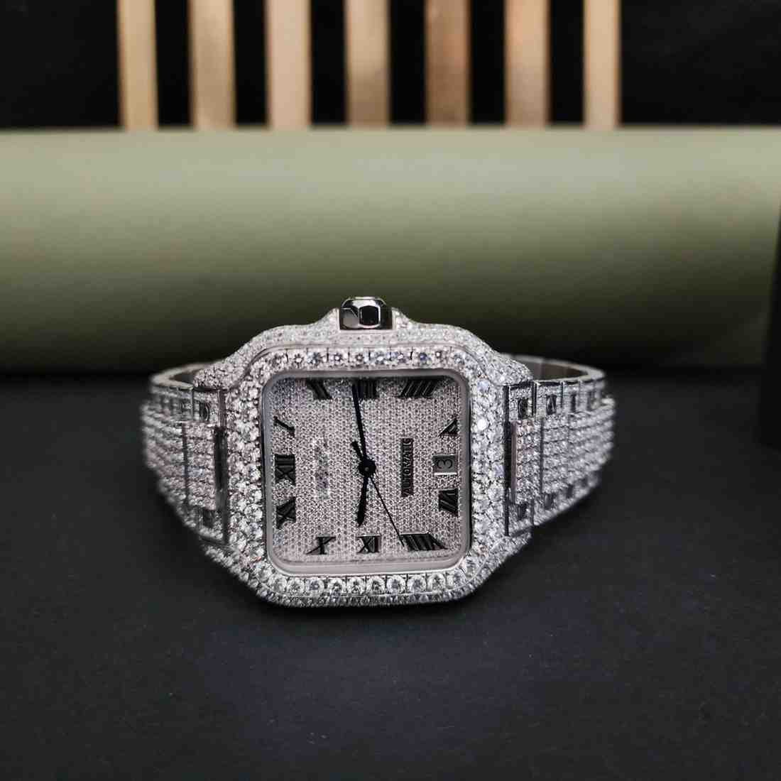 Iced Out Roman Dial Square Diamond Watch