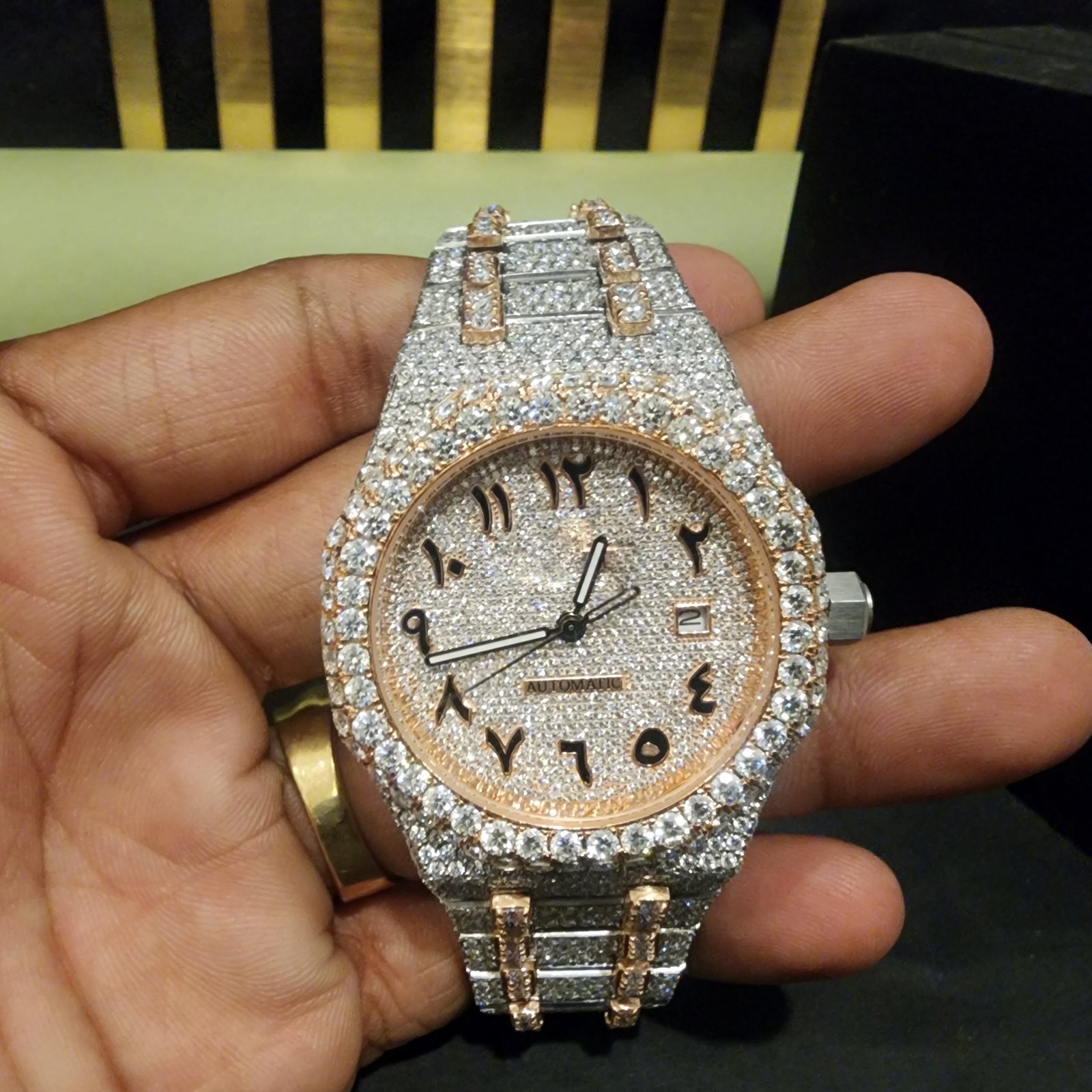 Full Iced Out Two Tone Arabic Dial Diamond Watch Alternate View