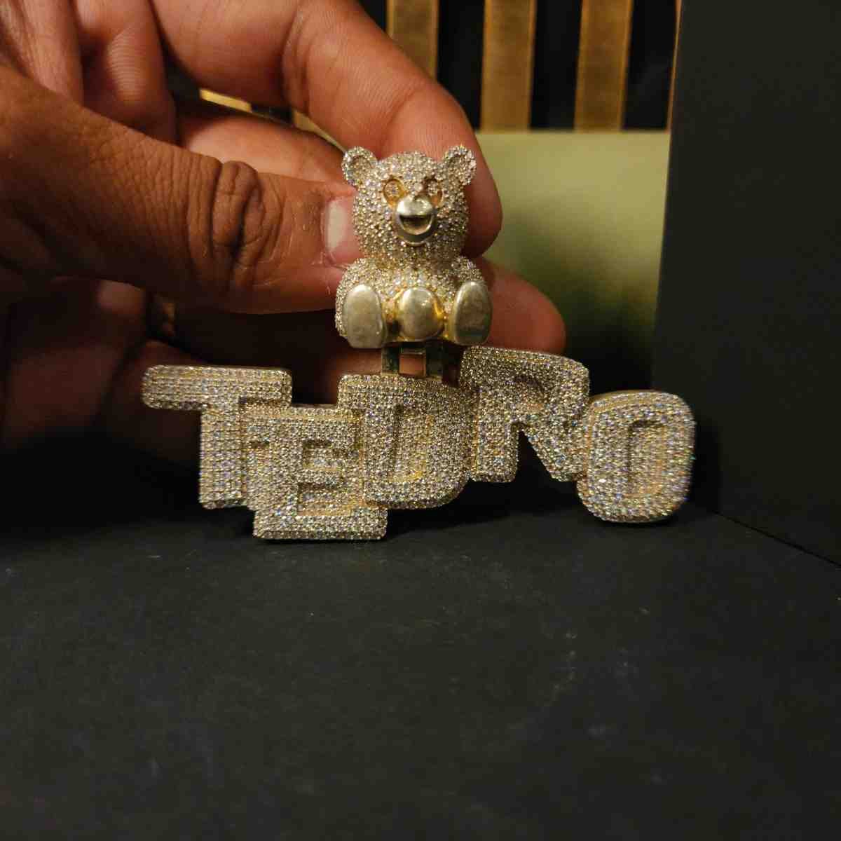 Iced Out Diamond Teddy Bear Name Pendant Alternate View