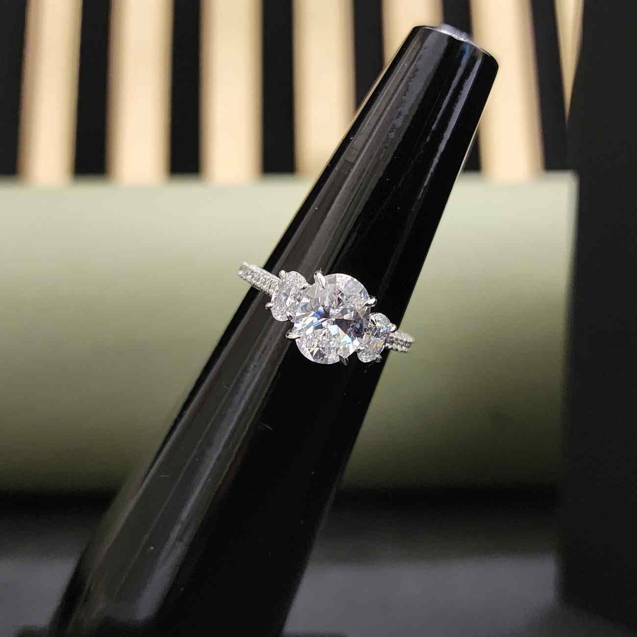 Custom Oval Cut Lab Grown Three Stone Diamond Ring