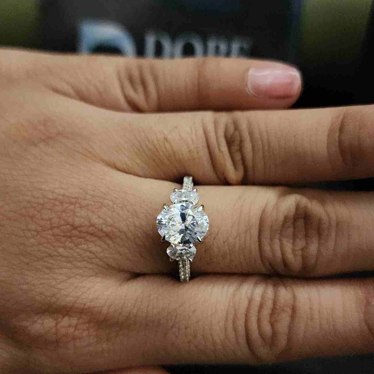 Custom Oval Cut Lab Grown Three Stone Diamond Ring Alternate View