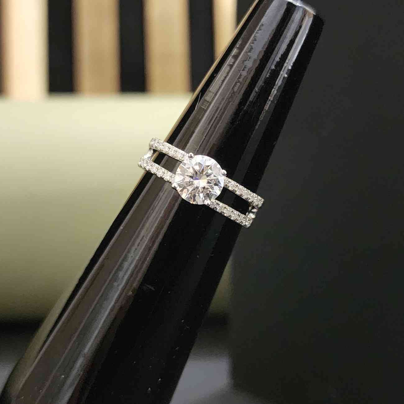 Modern Round Solitaire Double Band Lab Grown Pave Diamond Ring
