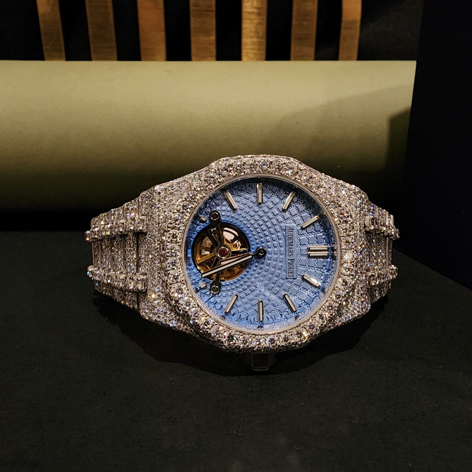 Custom Full Iced Out Blue Dial Diamond Watch