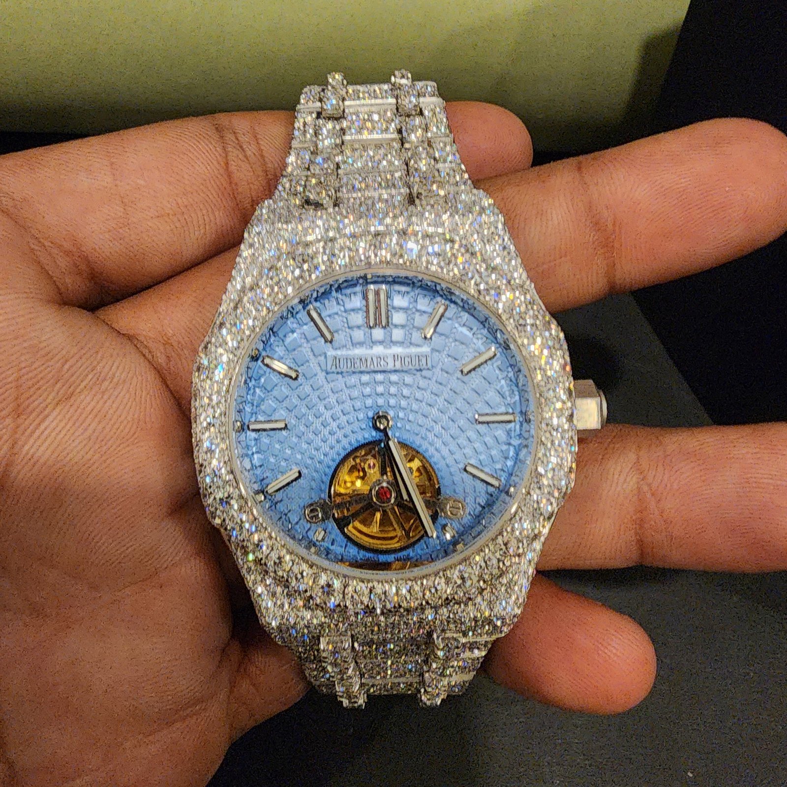 Custom Full Iced Out Blue Dial Diamond Watch Alternate View