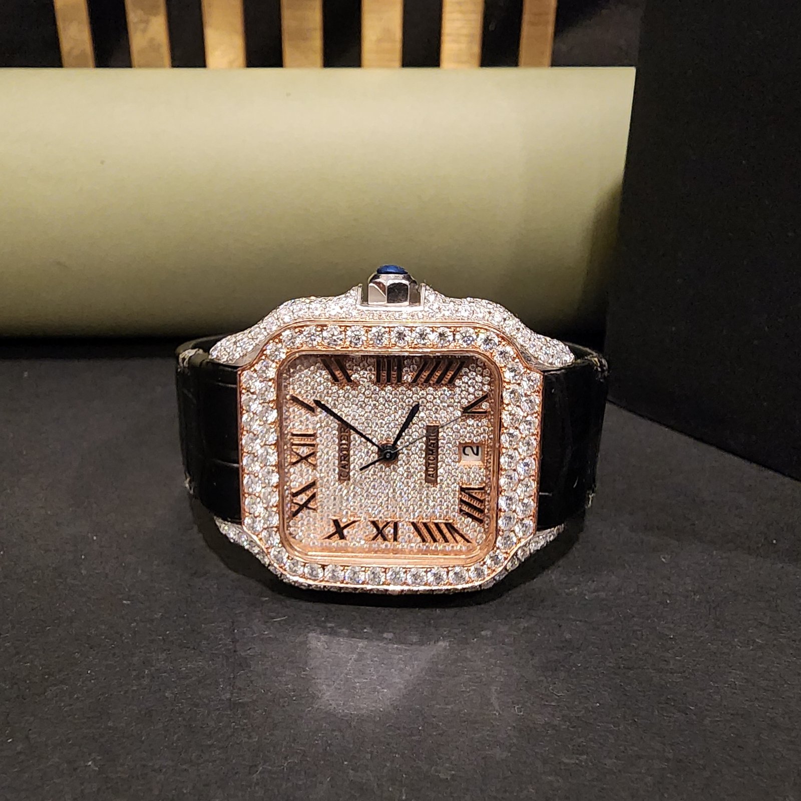 Square Shaped Black Rubber Half Iced Out Diamond Watch