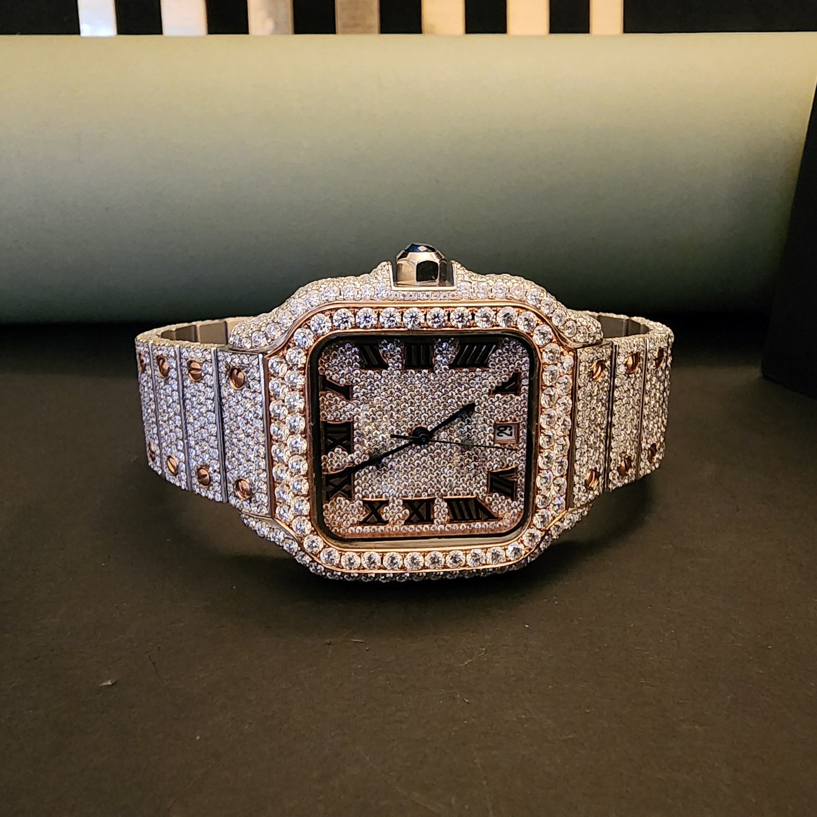 Two Tone Full Iced Out Diamond Watch With Roman Dial