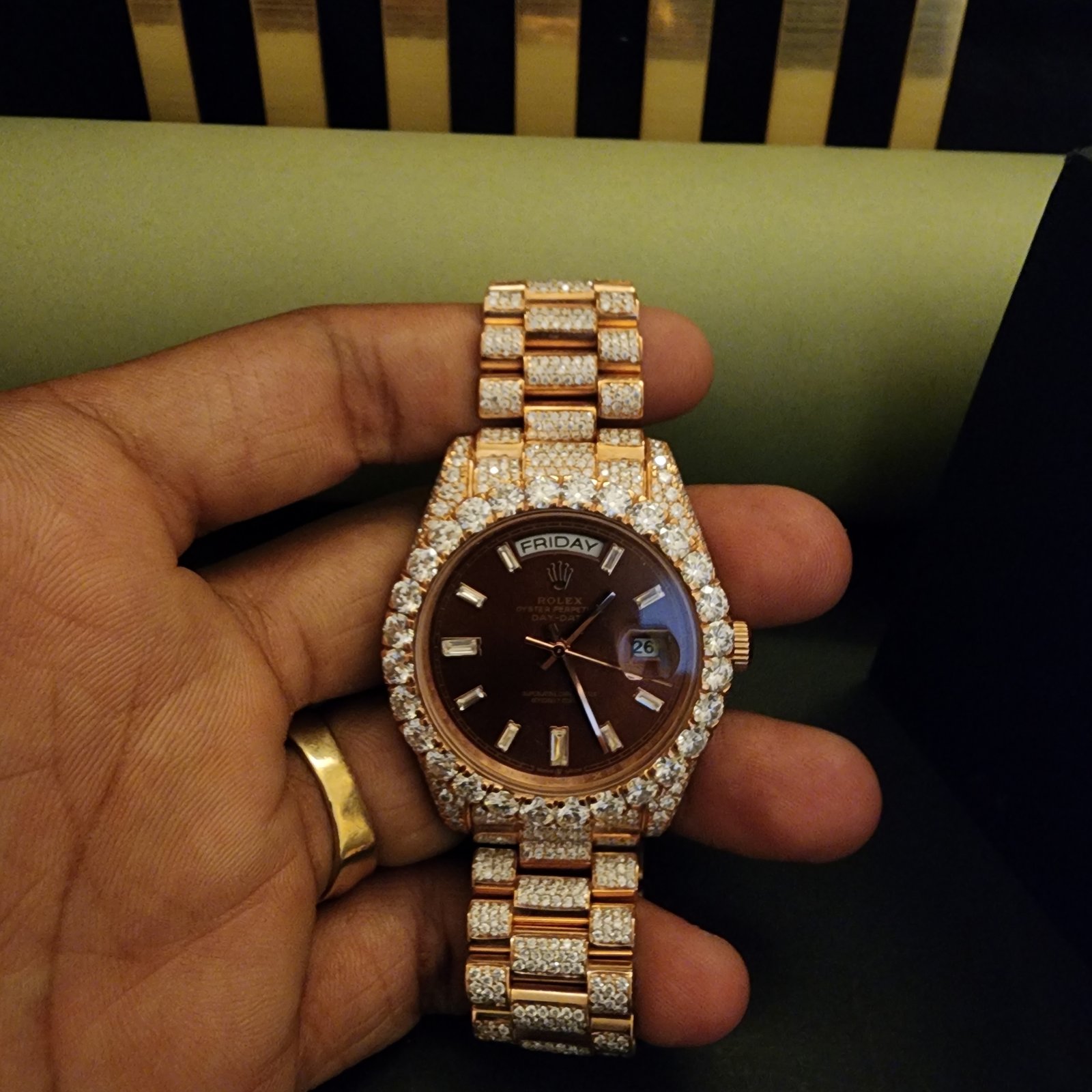 Elegant Two Tone Full Iced Out Diamond Watch With Brown Dial Alternate View