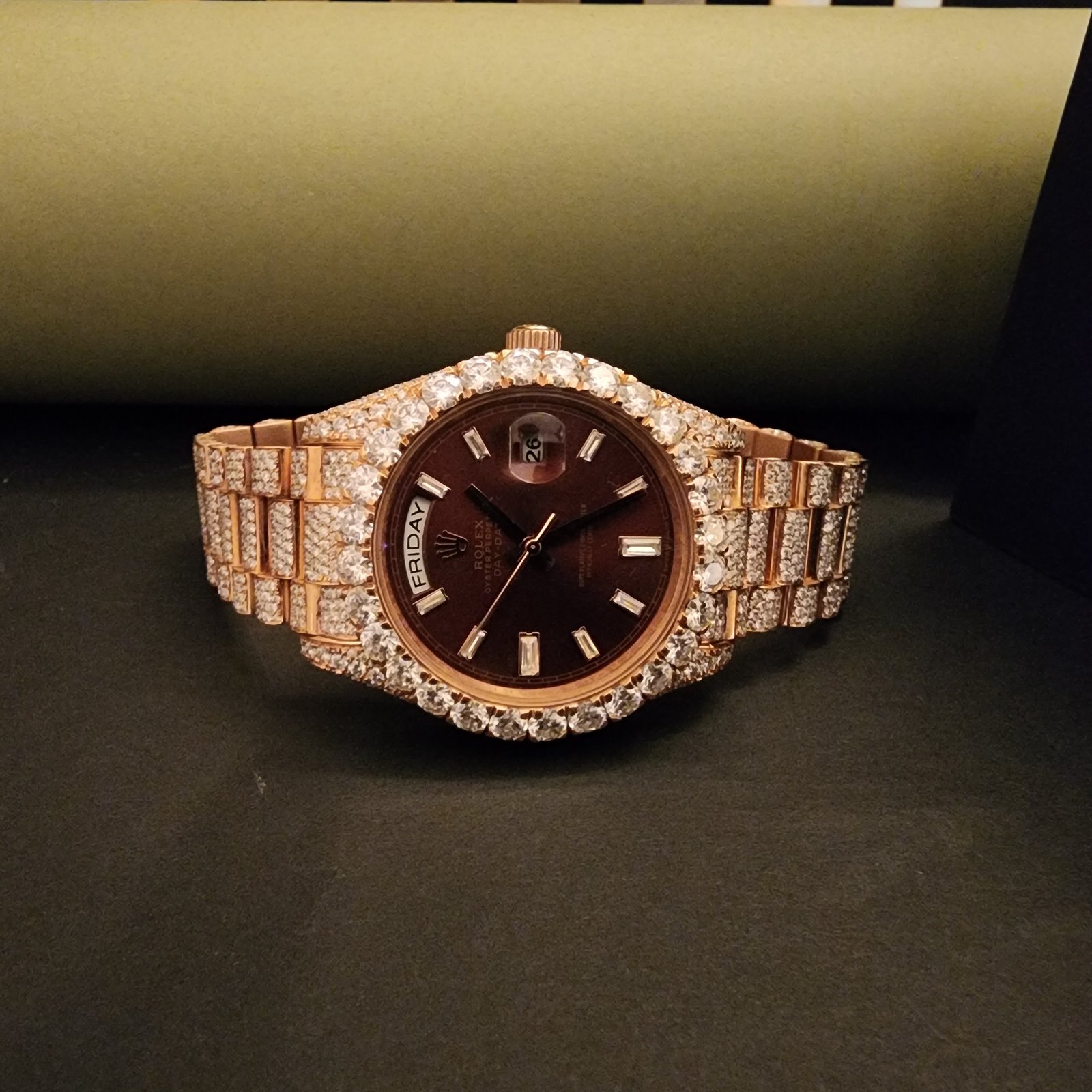 Elegant Two Tone Full Iced Out Diamond Watch With Brown Dial
