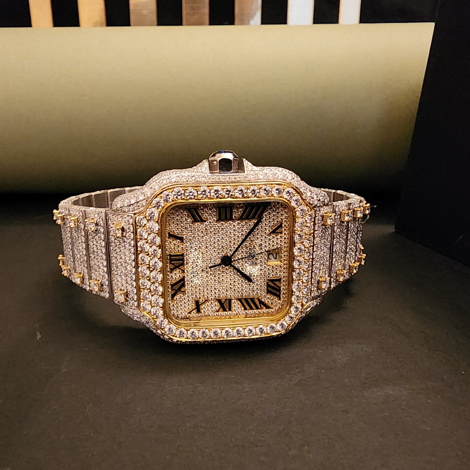 Luxury Full Iced Out Yellow And White Two Tone Diamond Watch