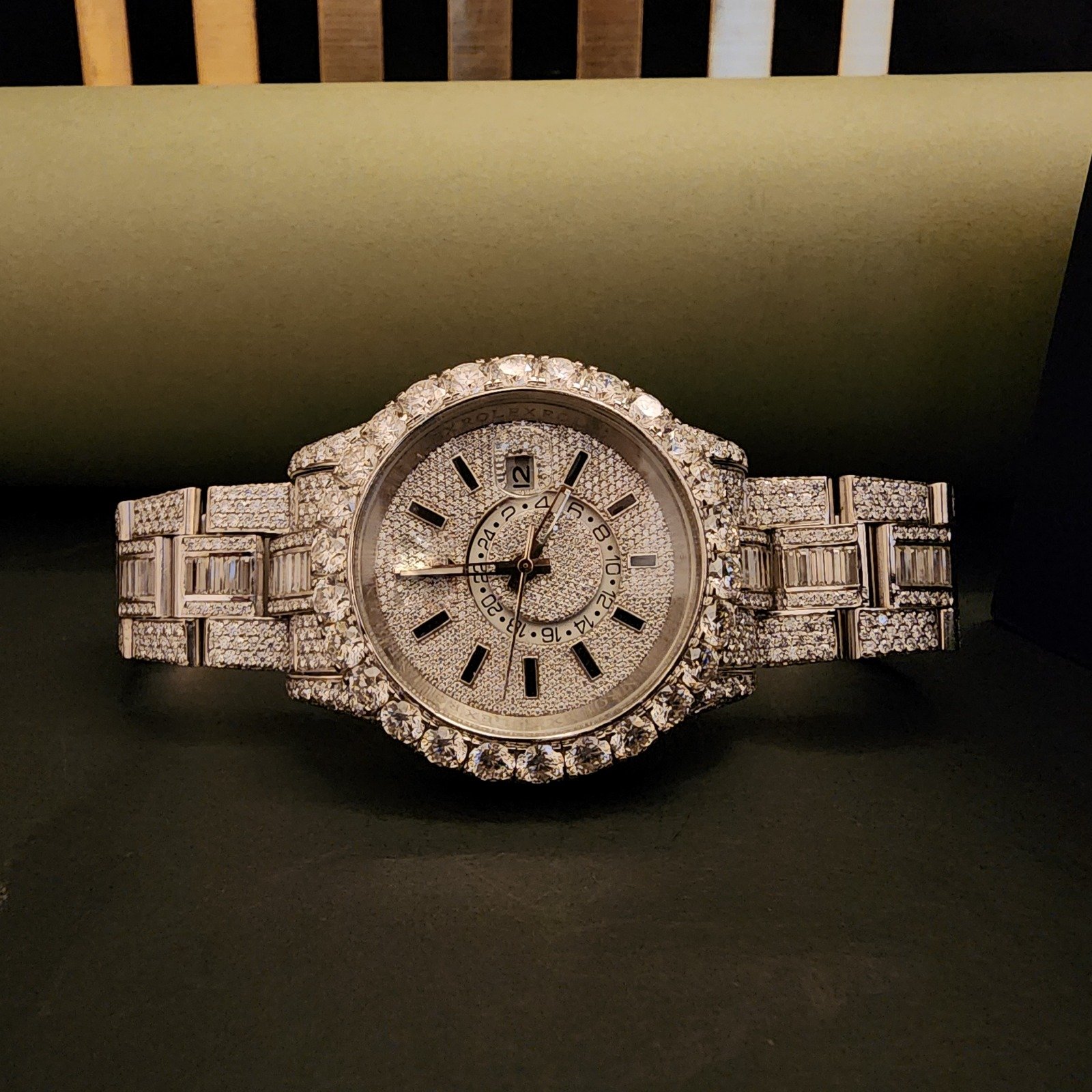 Elegant Full White Iced Out Baguette Dial Diamond Watch