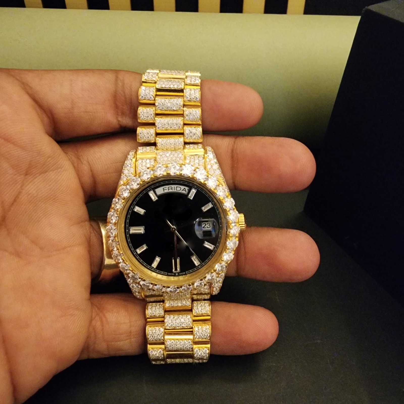 Full Iced Out Two Tone Black Dial Custom Diamond Watch Alternate View