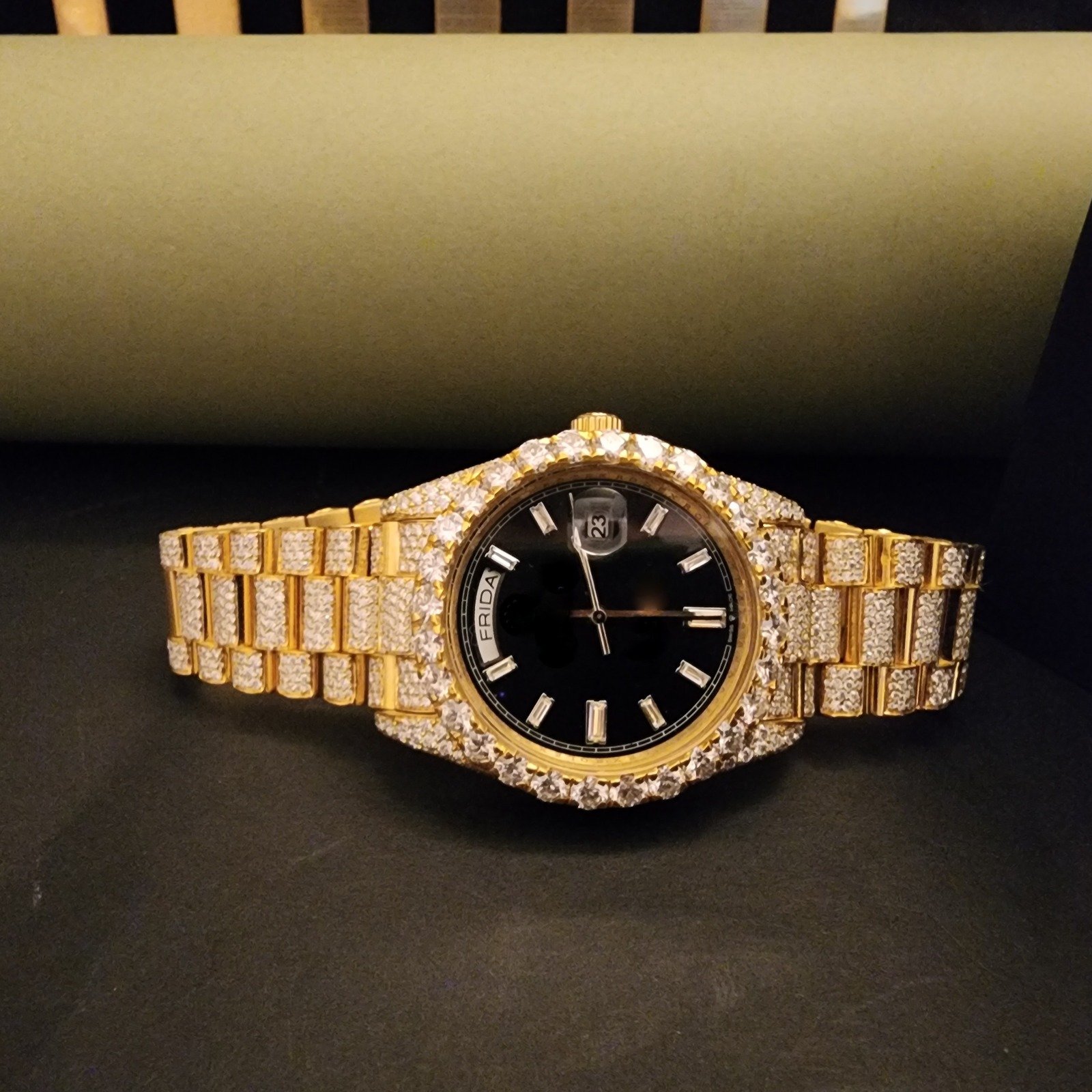 Full Iced Out Two Tone Black Dial Custom Diamond Watch