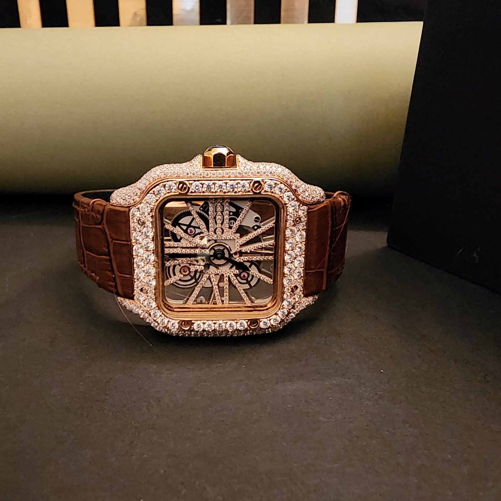 Half Iced Out Custom Diamond Watch With Brown Rubber Band