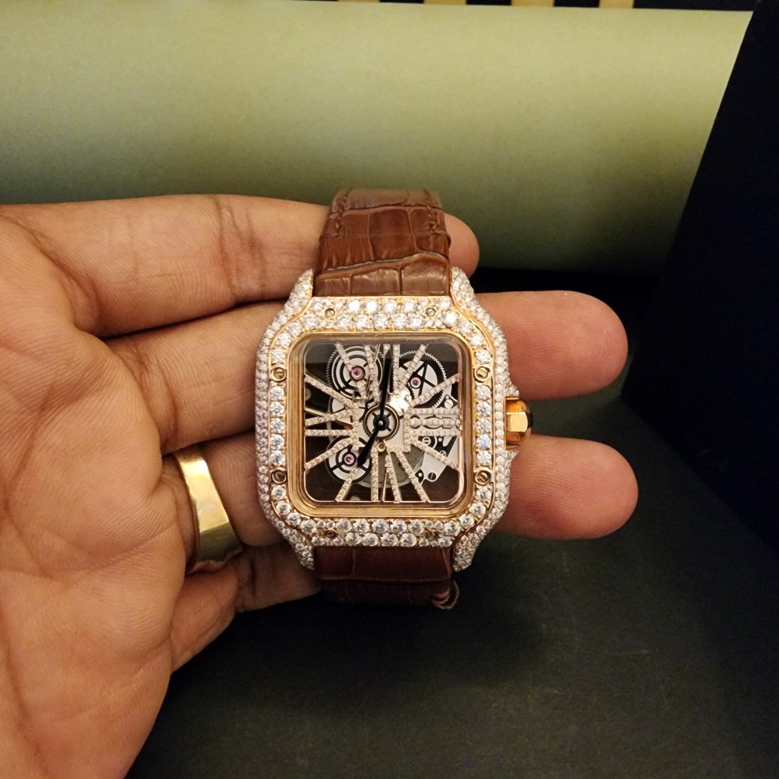 Half Iced Out Custom Diamond Watch With Brown Rubber Band Alternate View