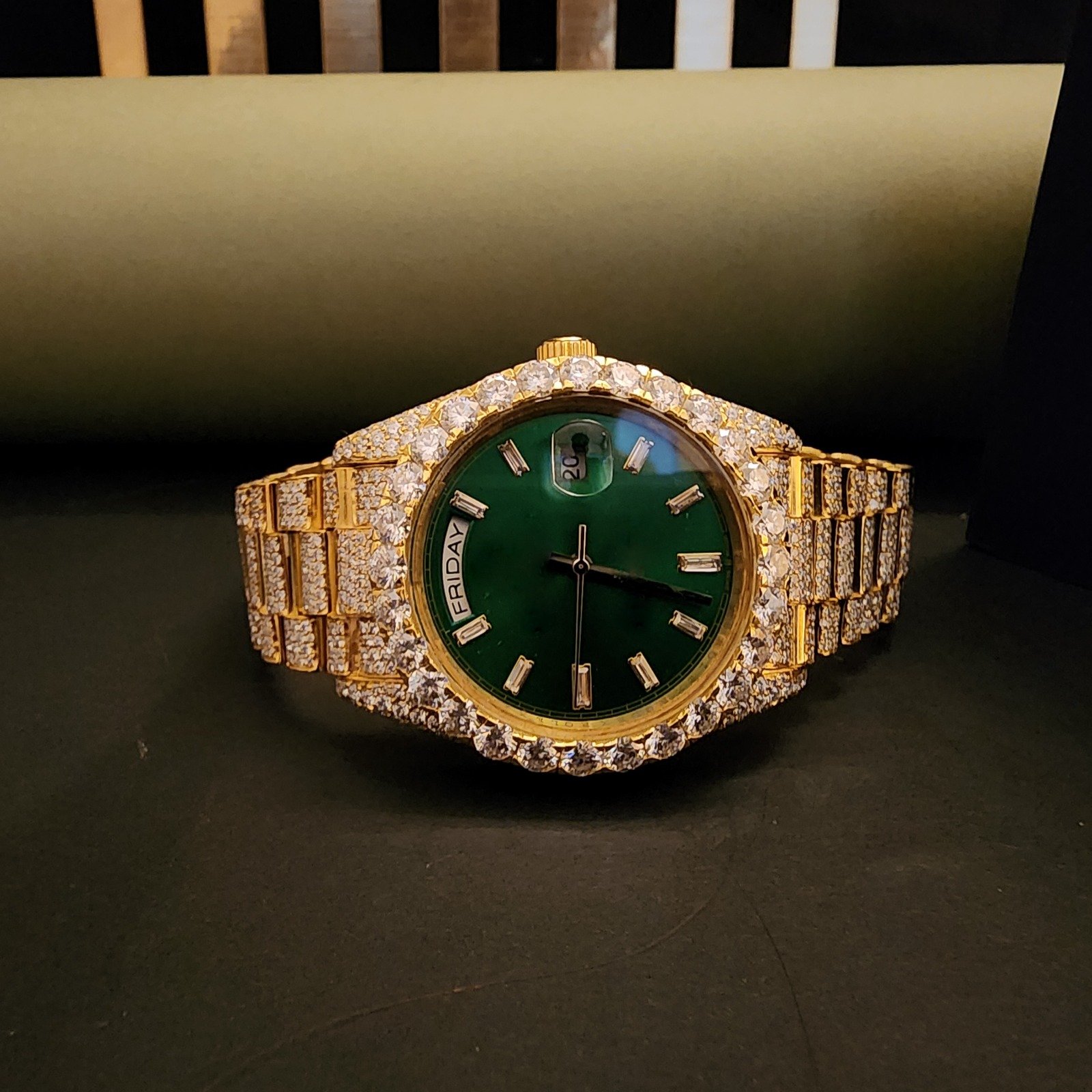 Two Tone Full Iced Out Custom Diamond watch With Green Dial