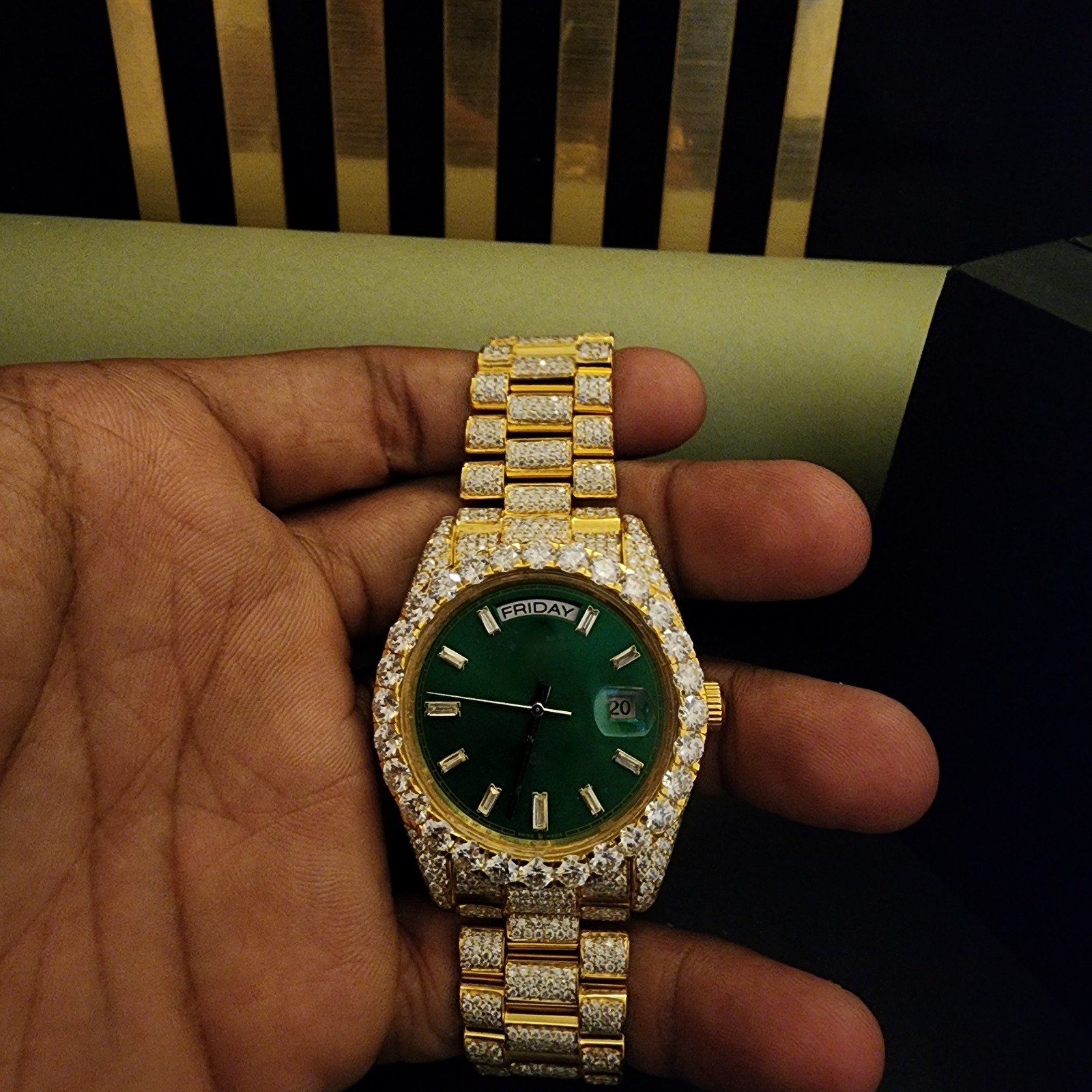Two Tone Full Iced Out Custom Diamond watch With Green Dial Alternate View