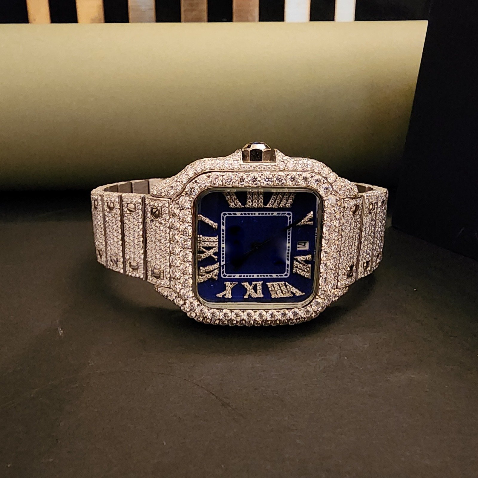 Elegant Full Iced Out Blue Dial Custom Diamond Watch