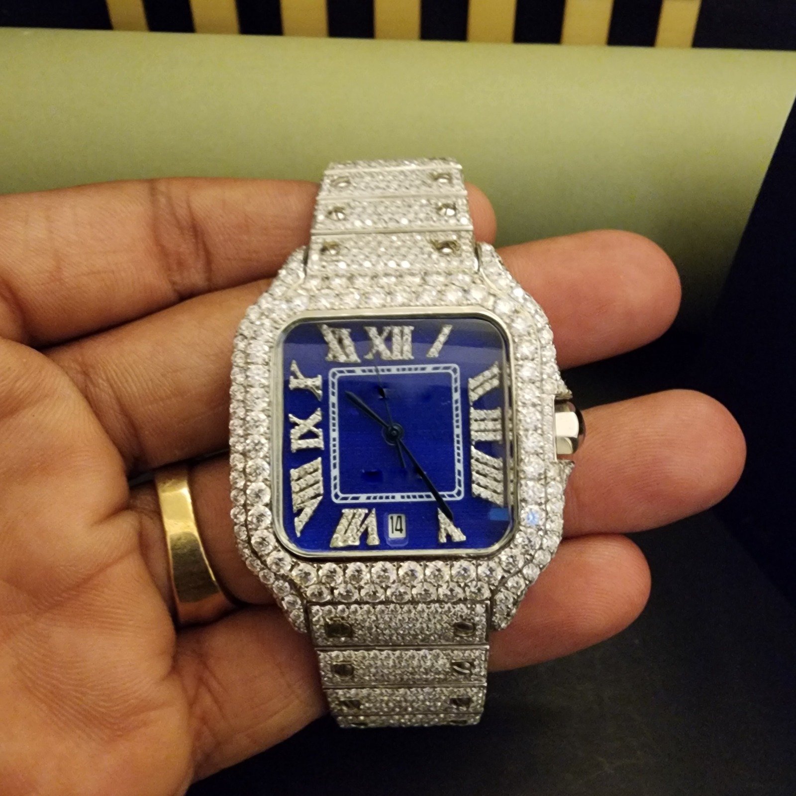 Elegant Full Iced Out Blue Dial Custom Diamond Watch Alternate View