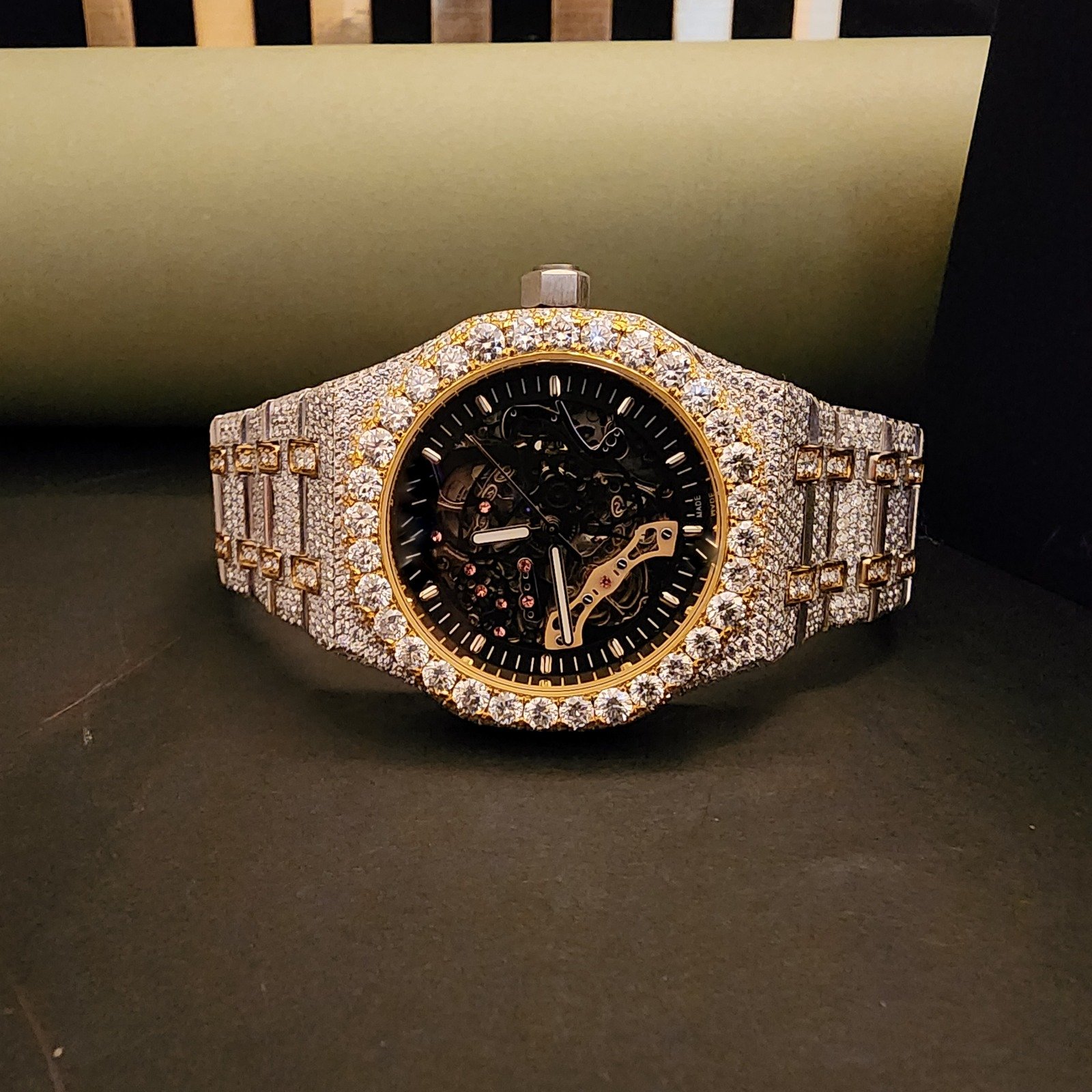 Customized Full Iced Out Yellow And White Two Tone Diamond Watch
