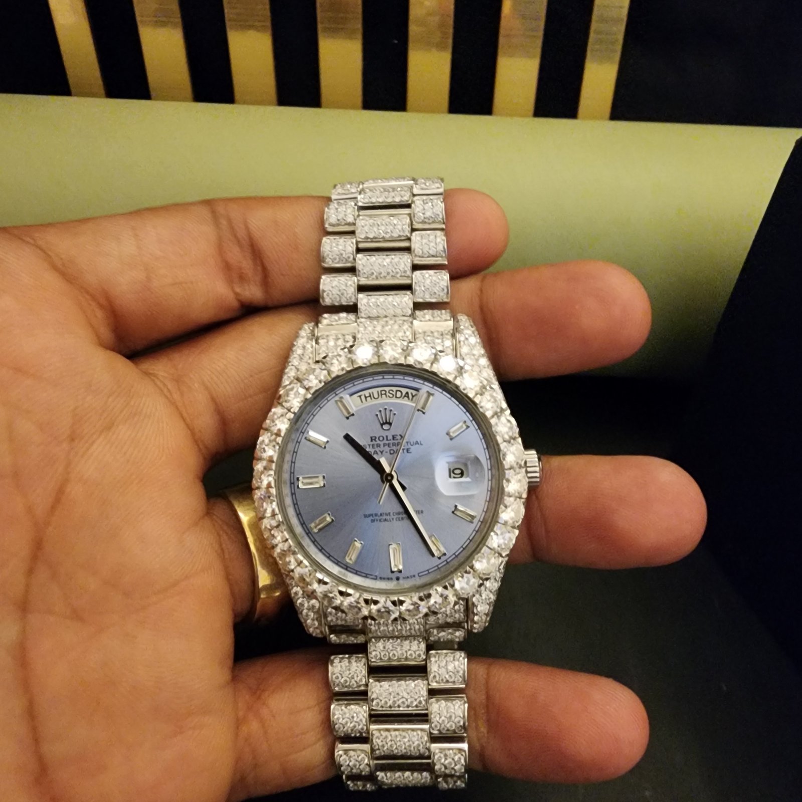 Classic Full Iced Out Sky Blue Dial Diamond Watch Alternate View