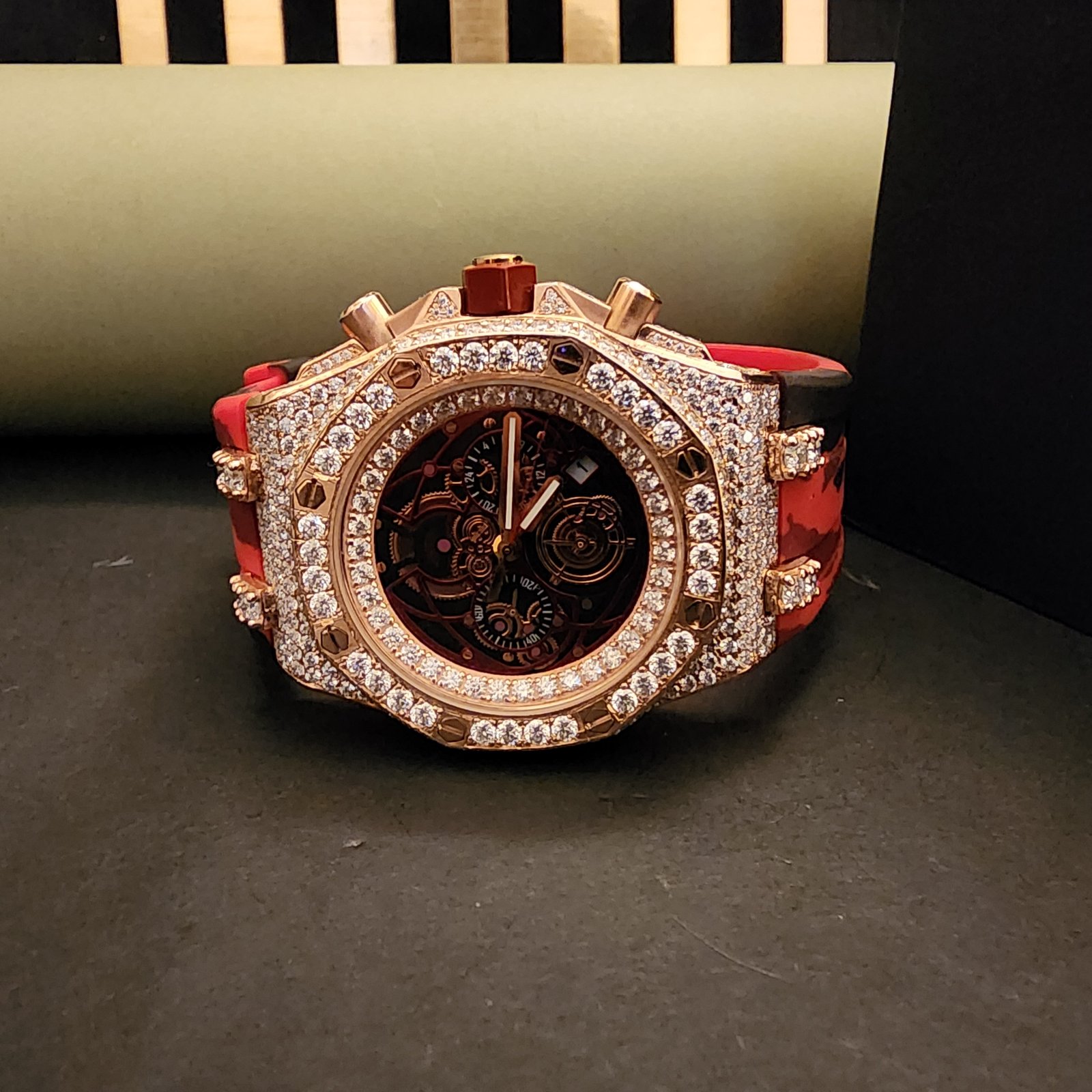 Custom Half Iced Out Diamond Watch With Red Rubber Band