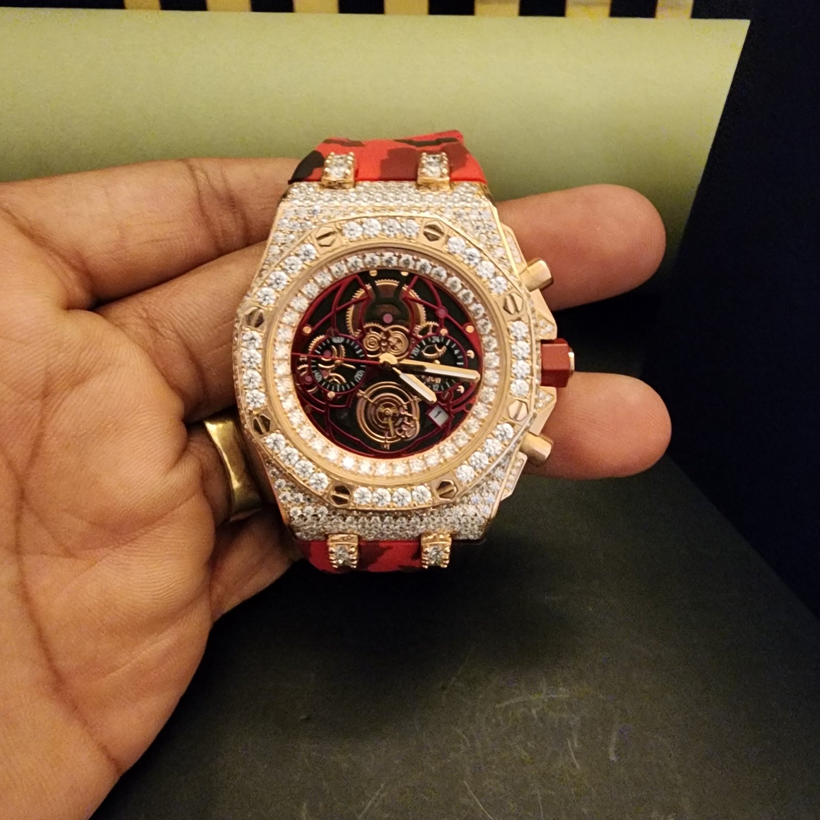Custom Half Iced Out Diamond Watch With Red Rubber Band Alternate View