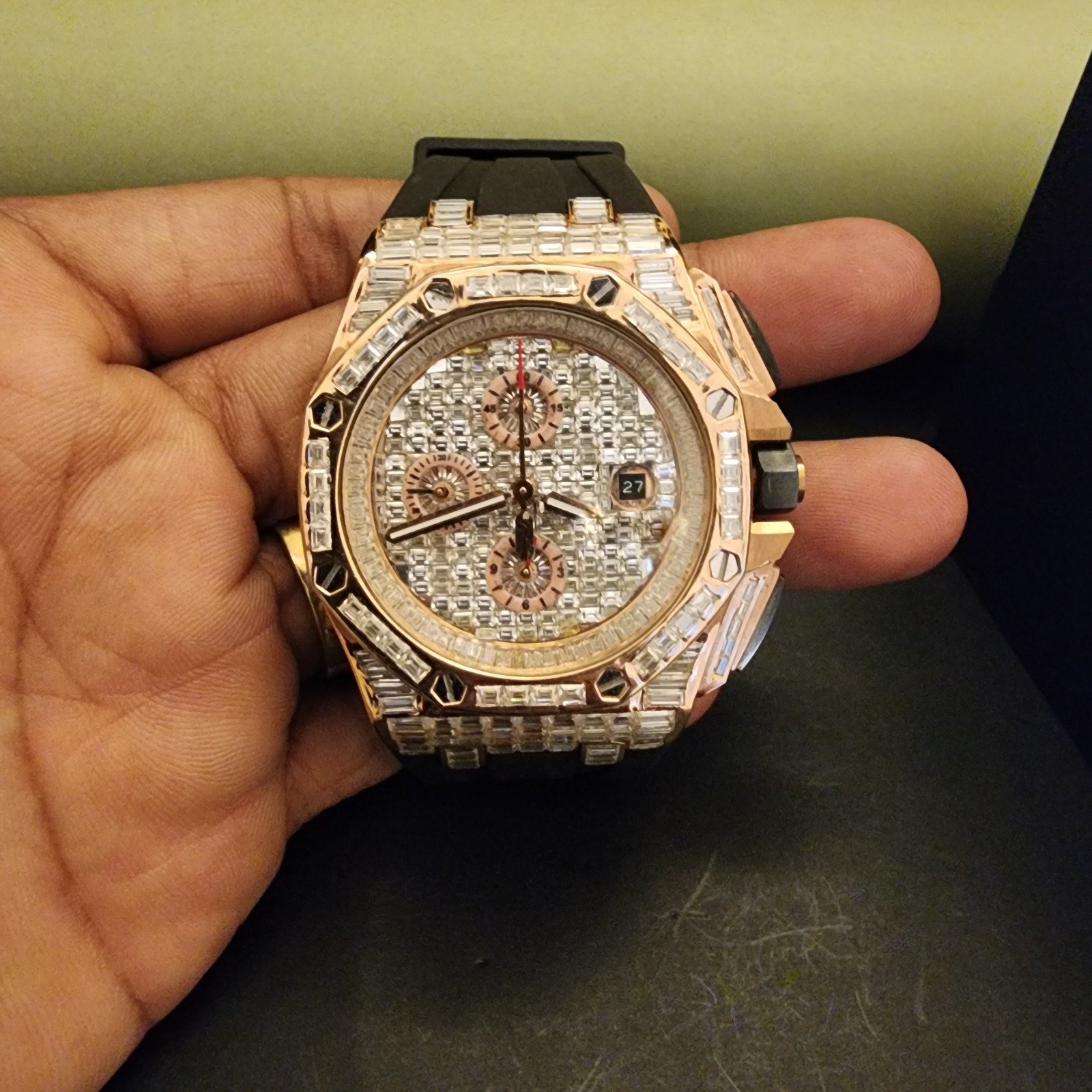 Half Iced Out Baguette Custom Diamond Watch With Black Rubber Band Alternate View