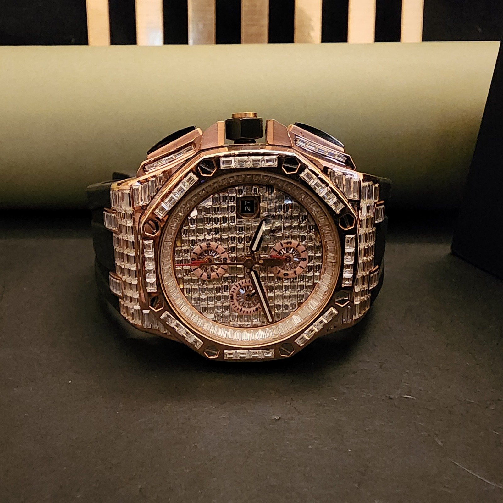 Half Iced Out Baguette Custom Diamond Watch With Black Rubber Band