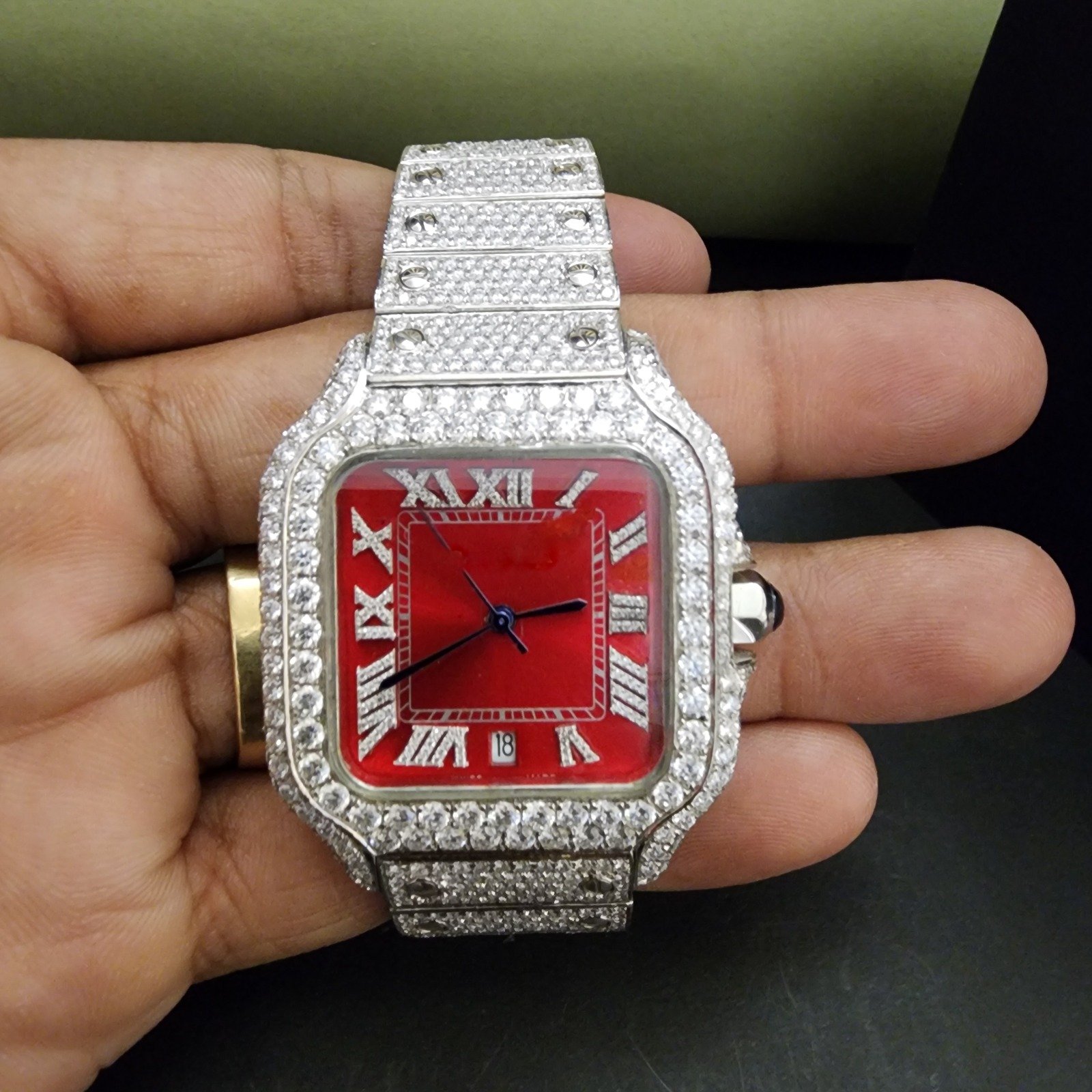 Full Iced Out Red Dial Roman Numeral Custom Diamond Watch Alternate View
