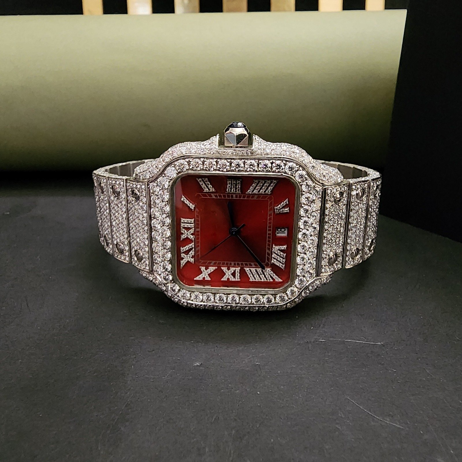 Full Iced Out Red Dial Roman Numeral Custom Diamond Watch