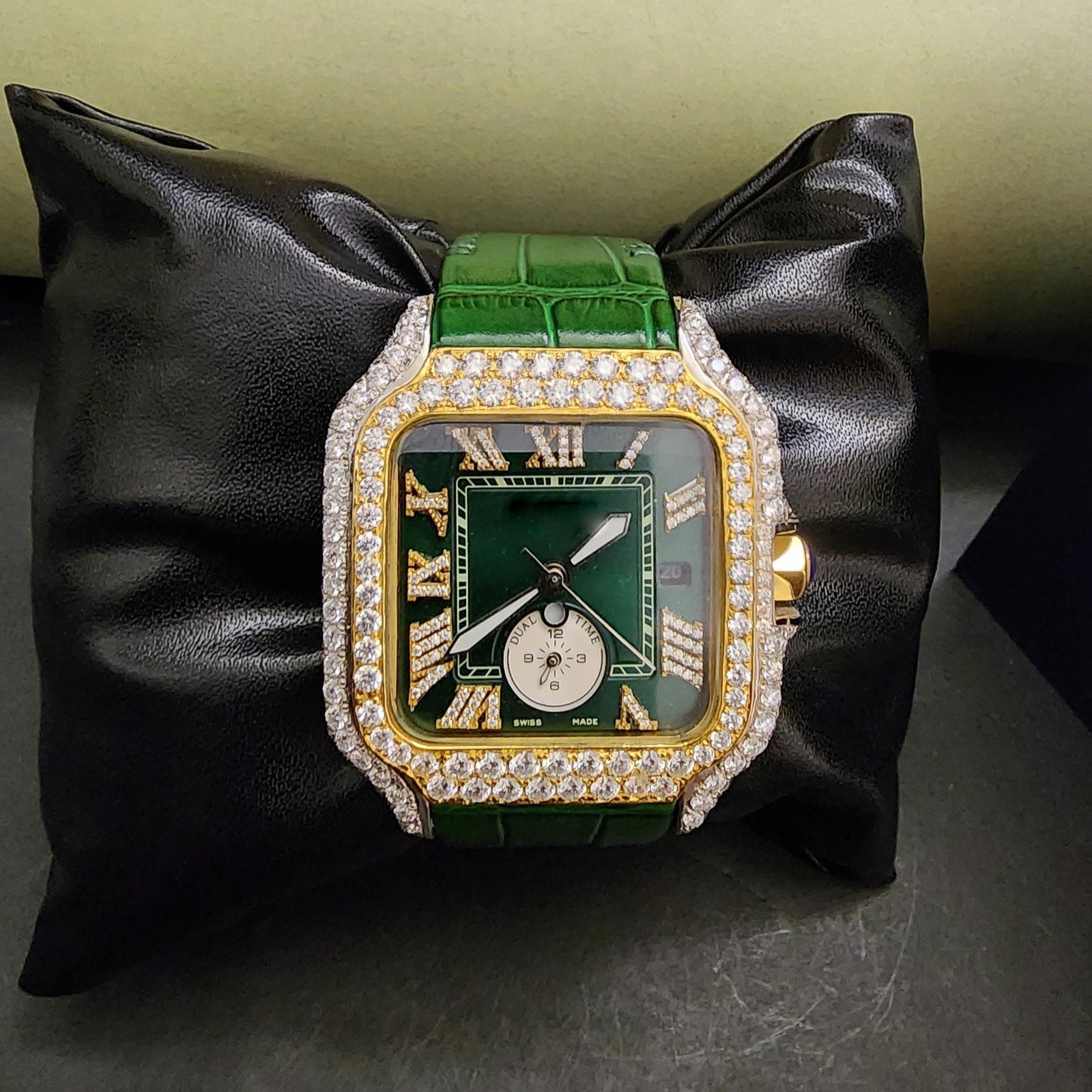 Elegant Half Iced Out Diamond Watch With Green Rubber Band