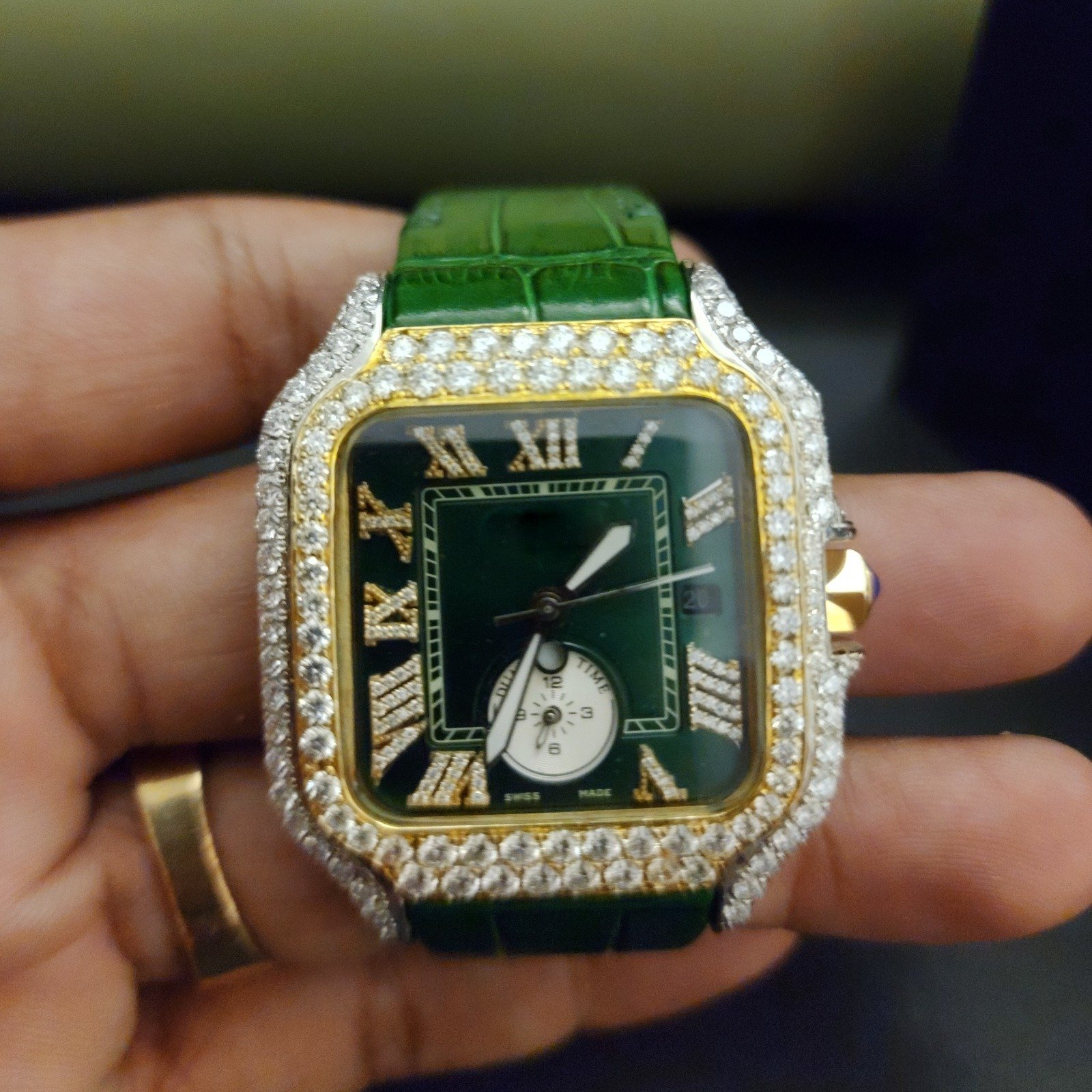 Elegant Half Iced Out Diamond Watch With Green Rubber Band Alternate View