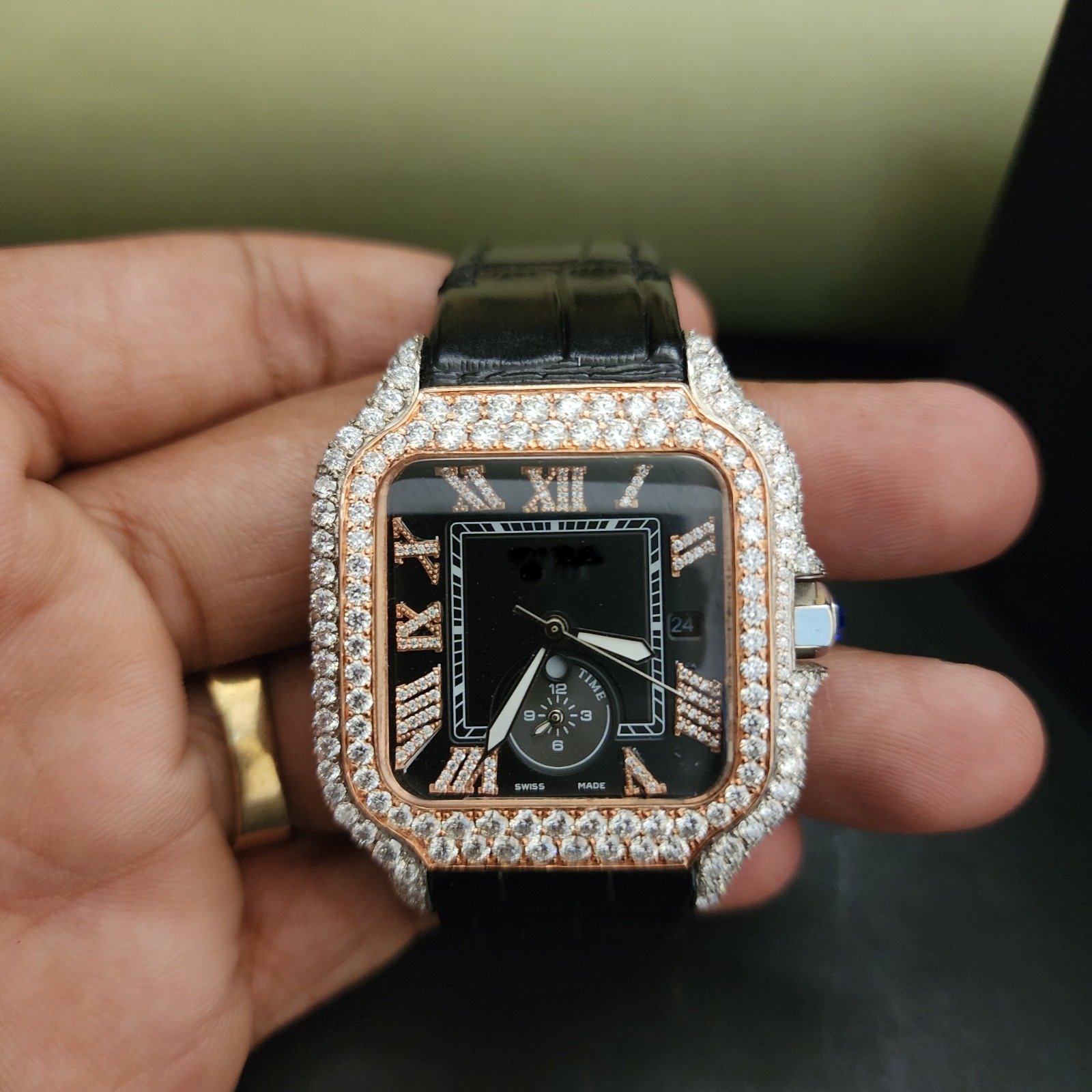 Two Tone Black Dial Half Iced Out Custom Diamond Watch With Black Rubber Band Alternate View