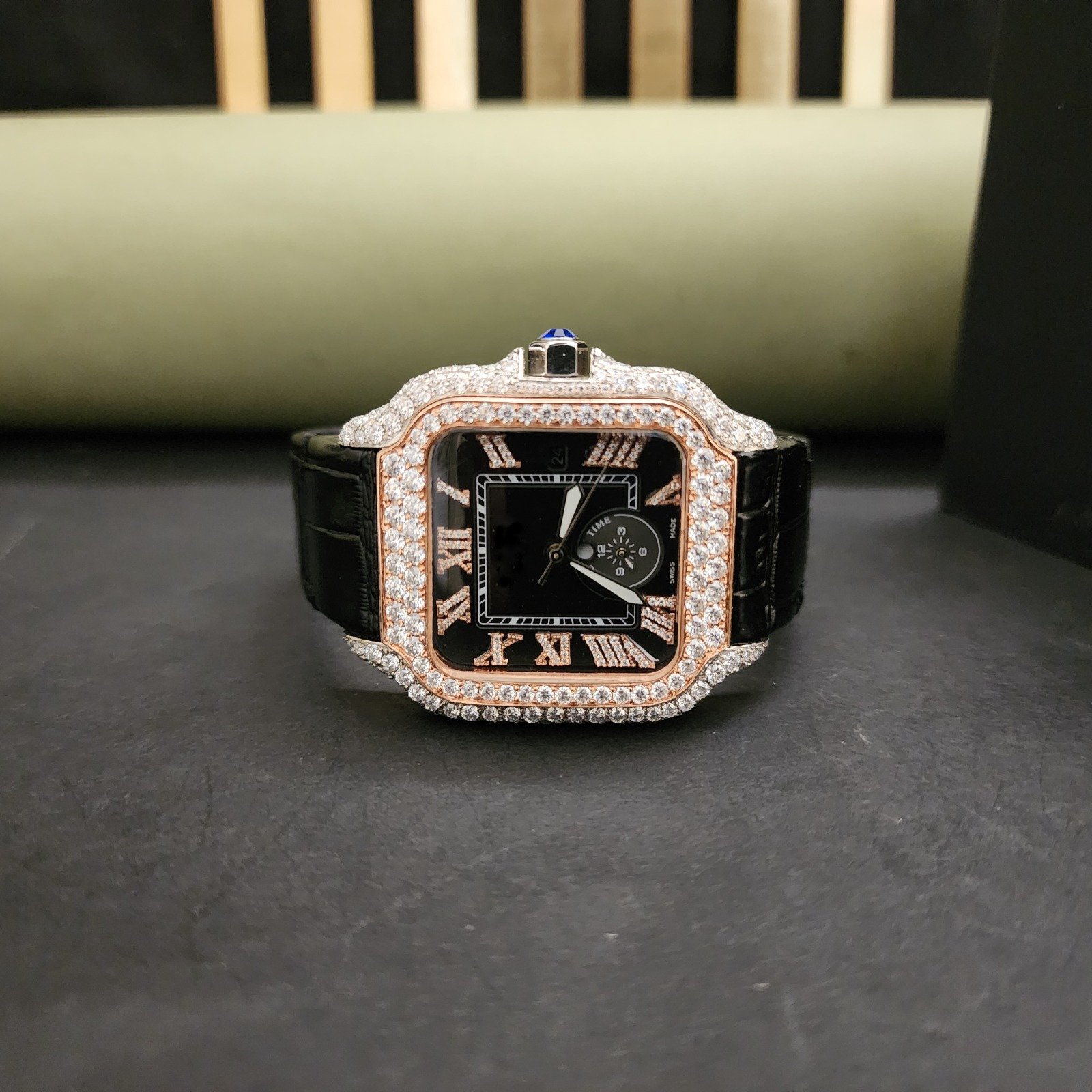 Two Tone Black Dial Half Iced Out Custom Diamond Watch With Black Rubber Band