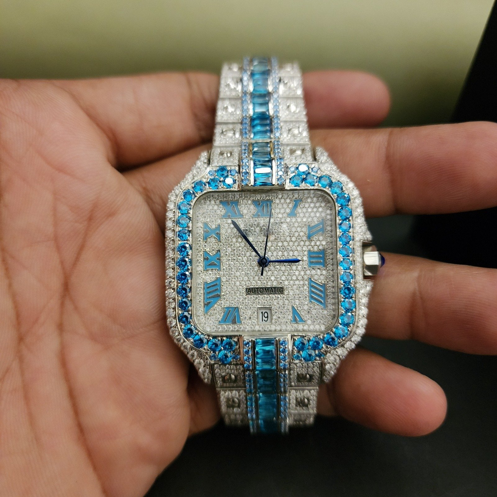 Exclusive Fully Iced Out Custom Baguette Pave Diamond Watch With Roman Dial Alternate View