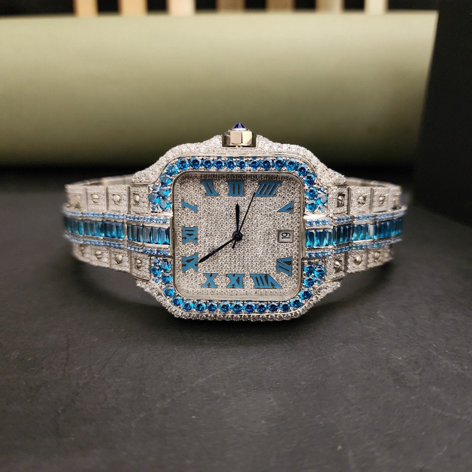 Exclusive Fully Iced Out Custom Baguette Pave Diamond Watch With Roman Dial