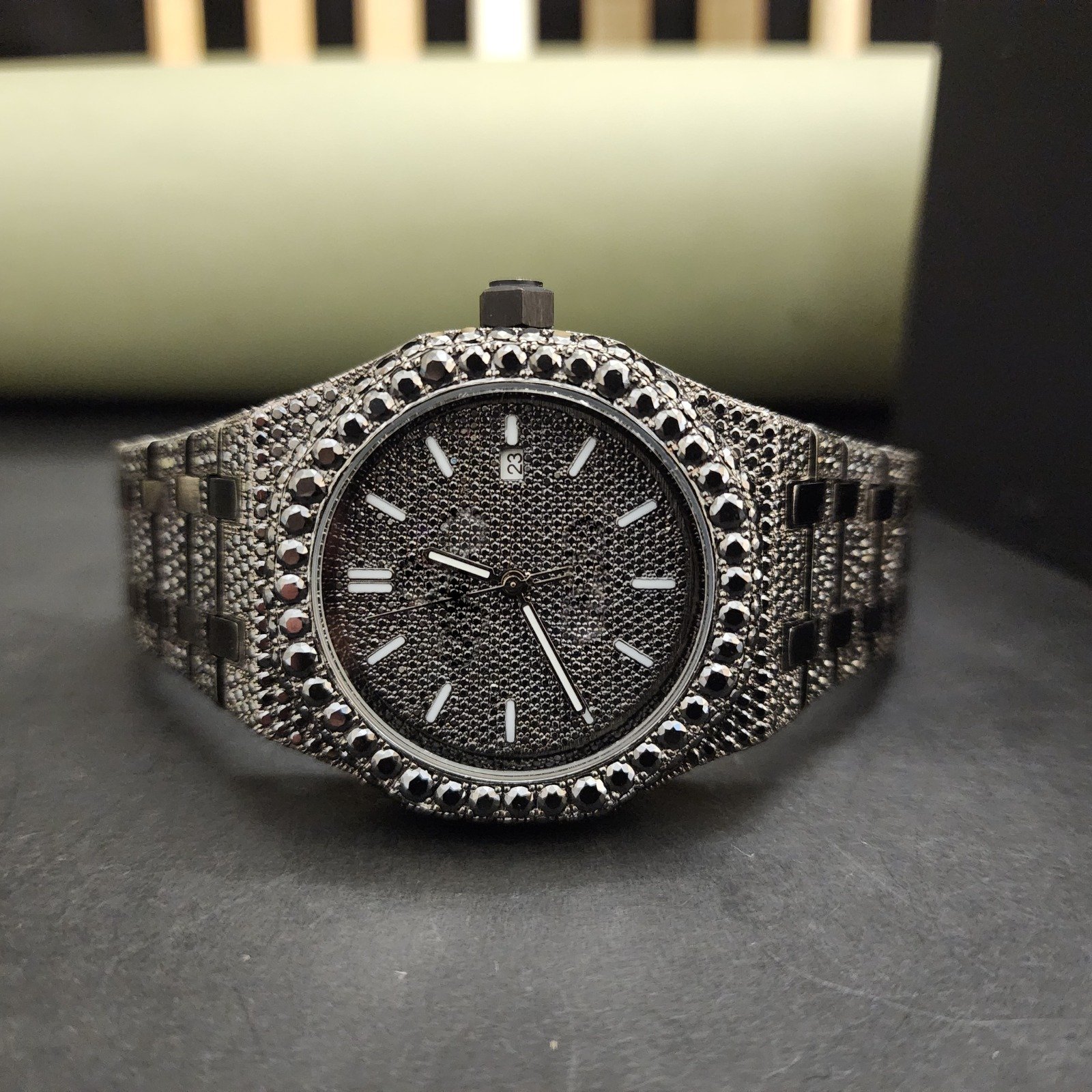 Luxury Full Iced Out Black Dial Pave Diamond Watch