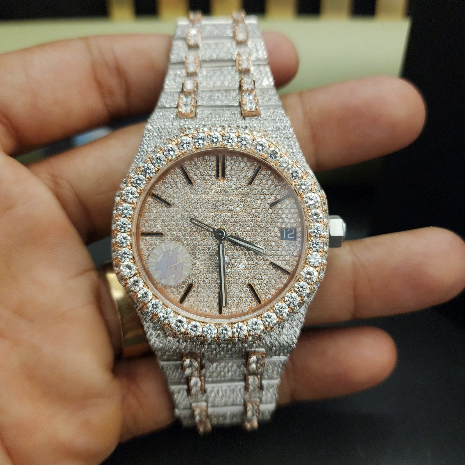 Luxury Custom Full Iced Out Two Tone Rose Gold And White Diamond Watch Alternate View