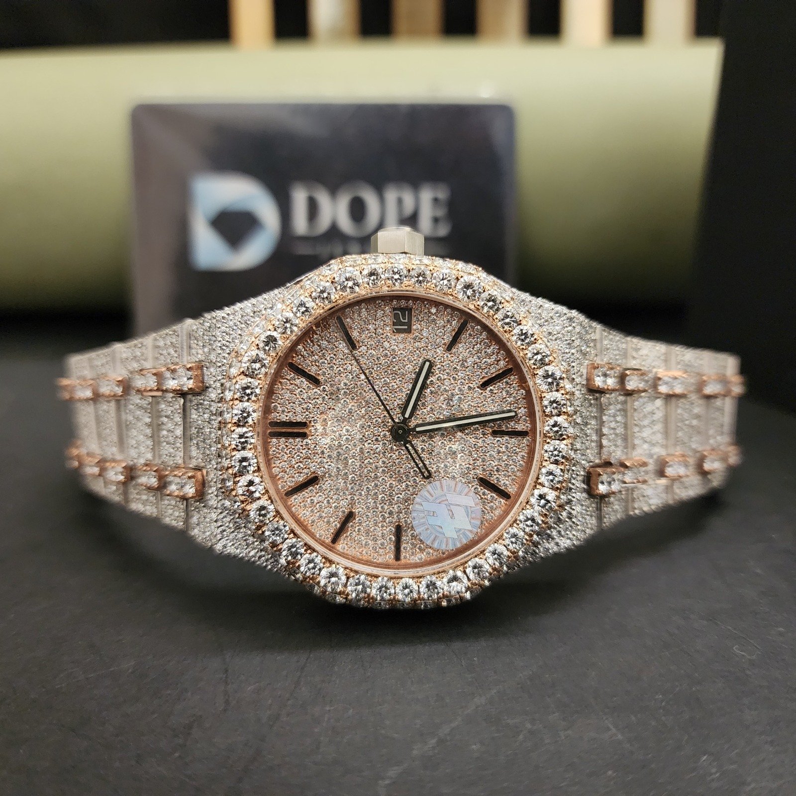 Luxury Custom Full Iced Out Two Tone Rose Gold And White Diamond Watch
