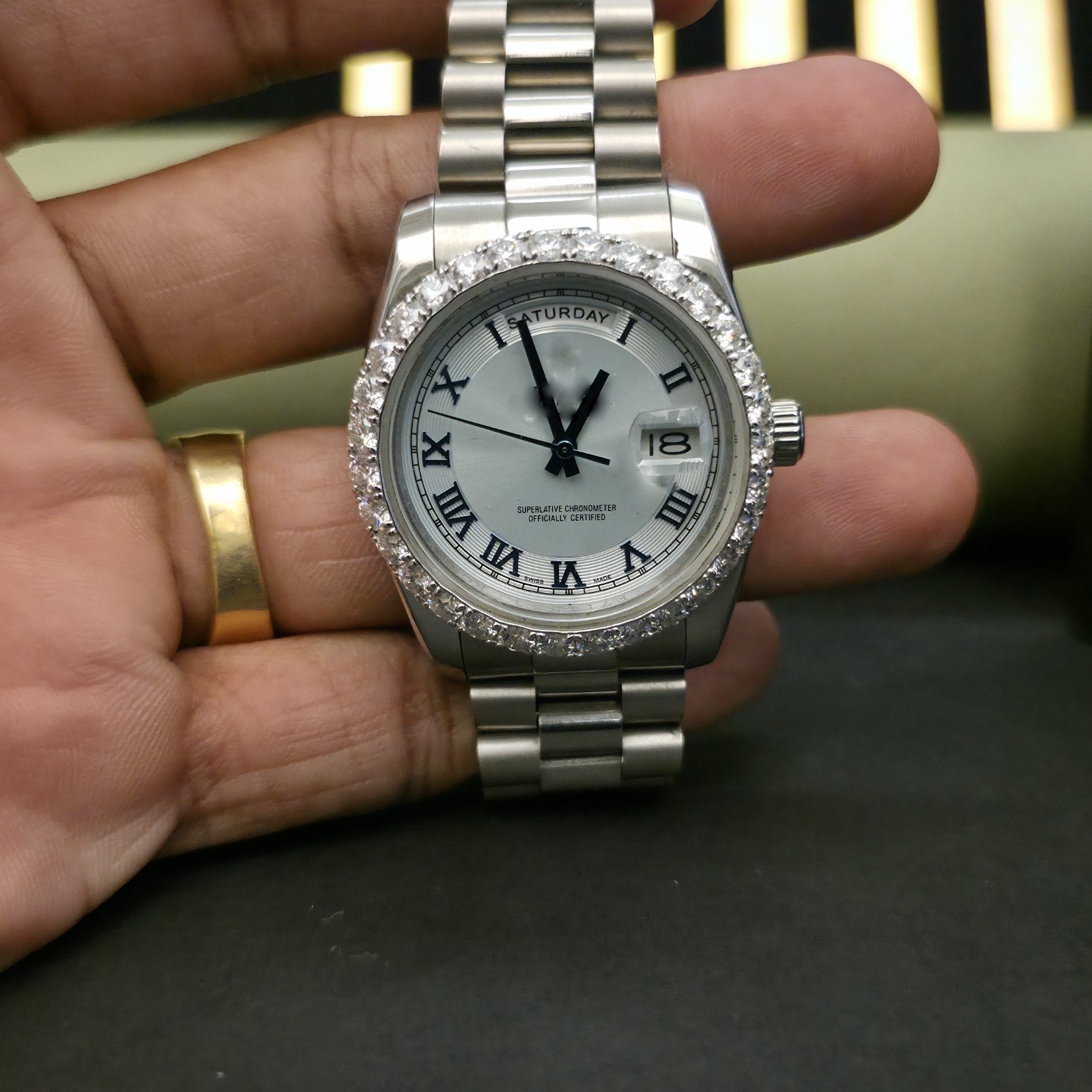 Half Iced Out Roman Dial Custom Diamond Watch Alternate View