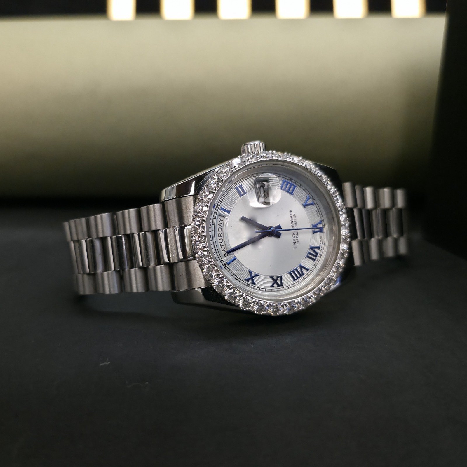 Half Iced Out Roman Dial Custom Diamond Watch