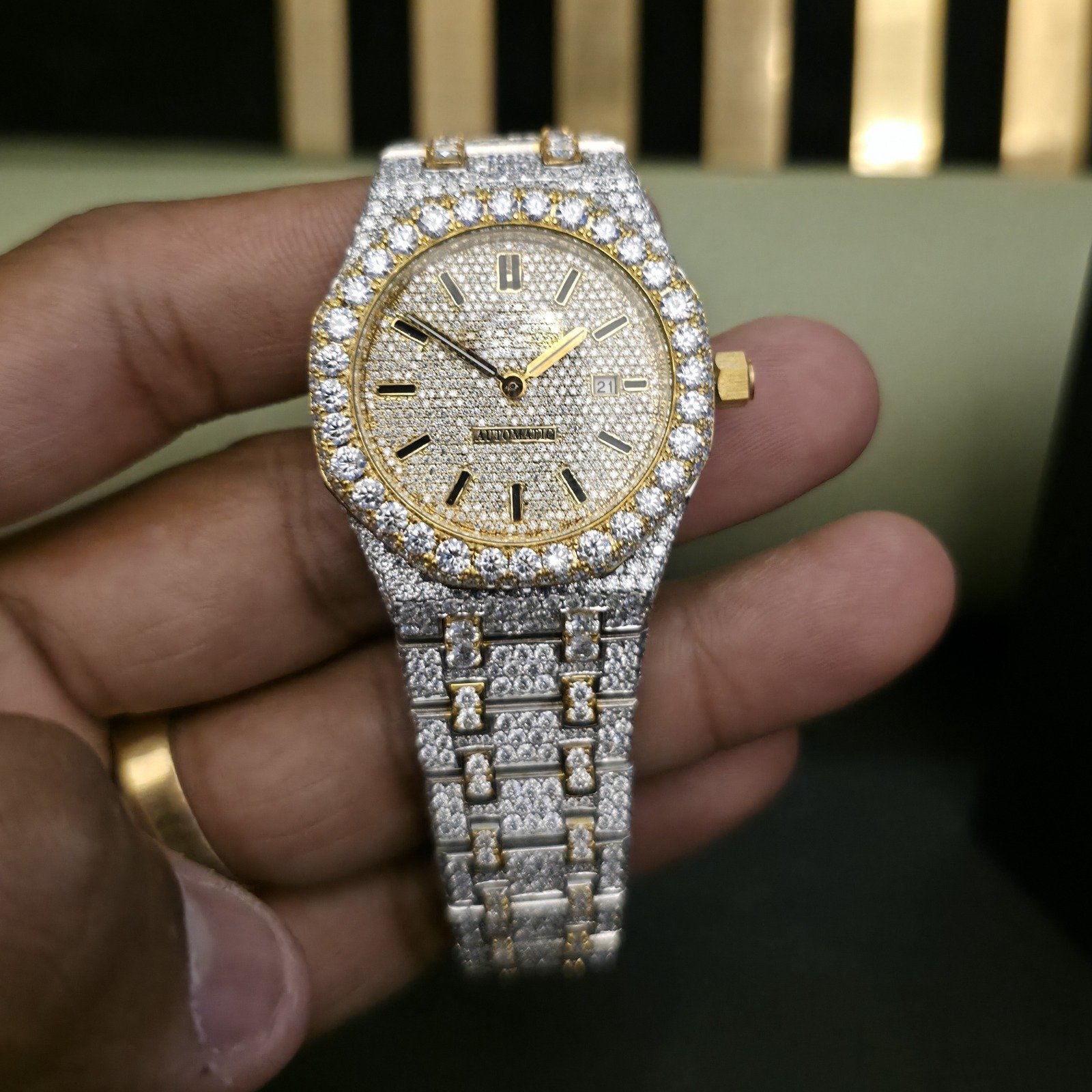 Yellow Gold And White Two Tone Full Iced Out Custom Diamond Watch Alternate View