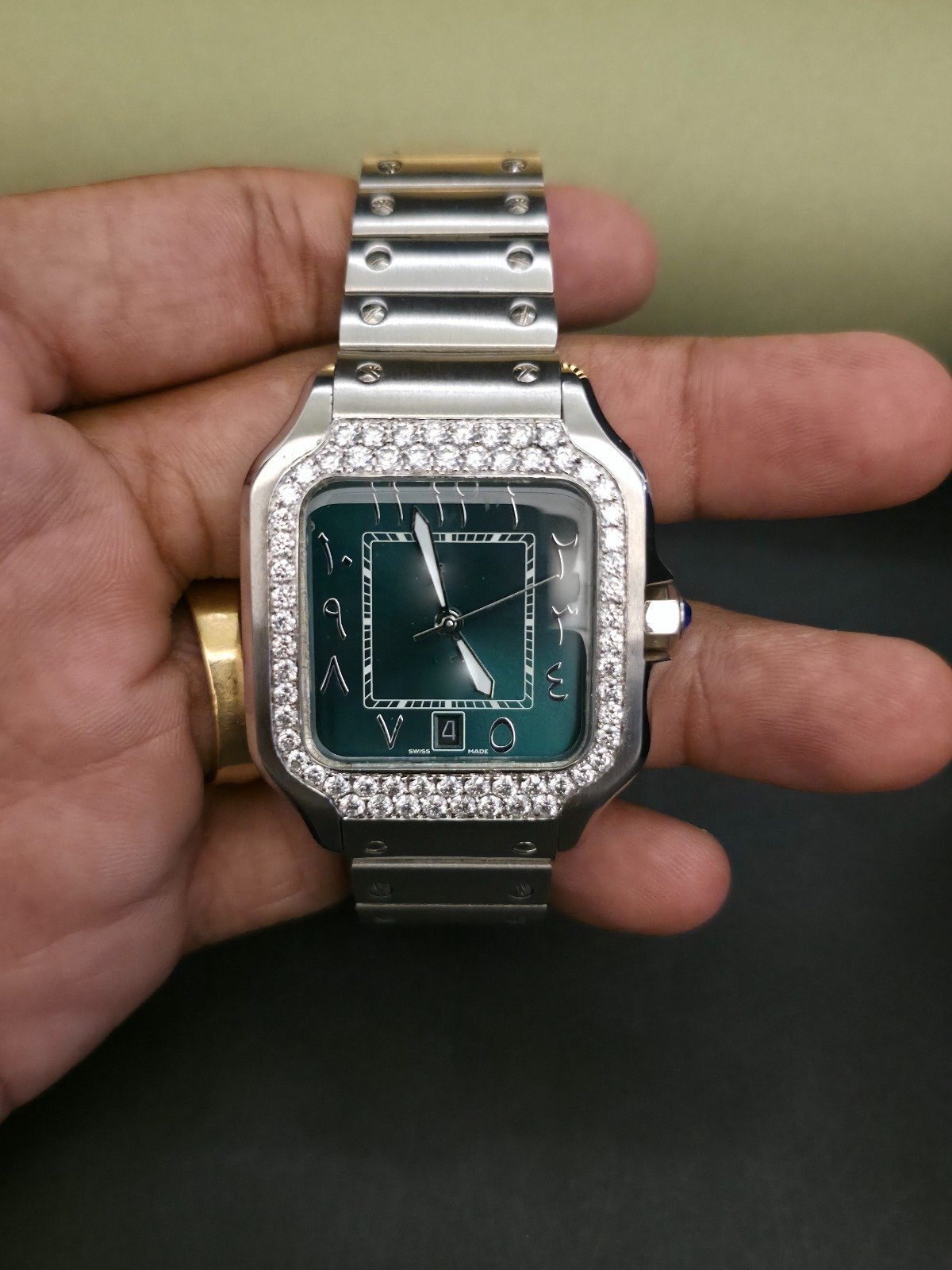 Premium Half Iced Out Green Dial Diamond Watch With Arabic Dial Alternate View
