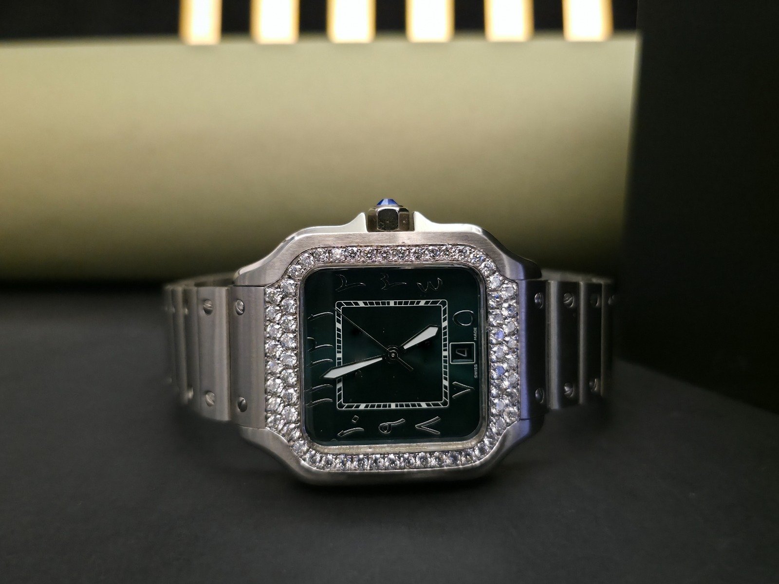 Premium Half Iced Out Green Dial Diamond Watch With Arabic Dial