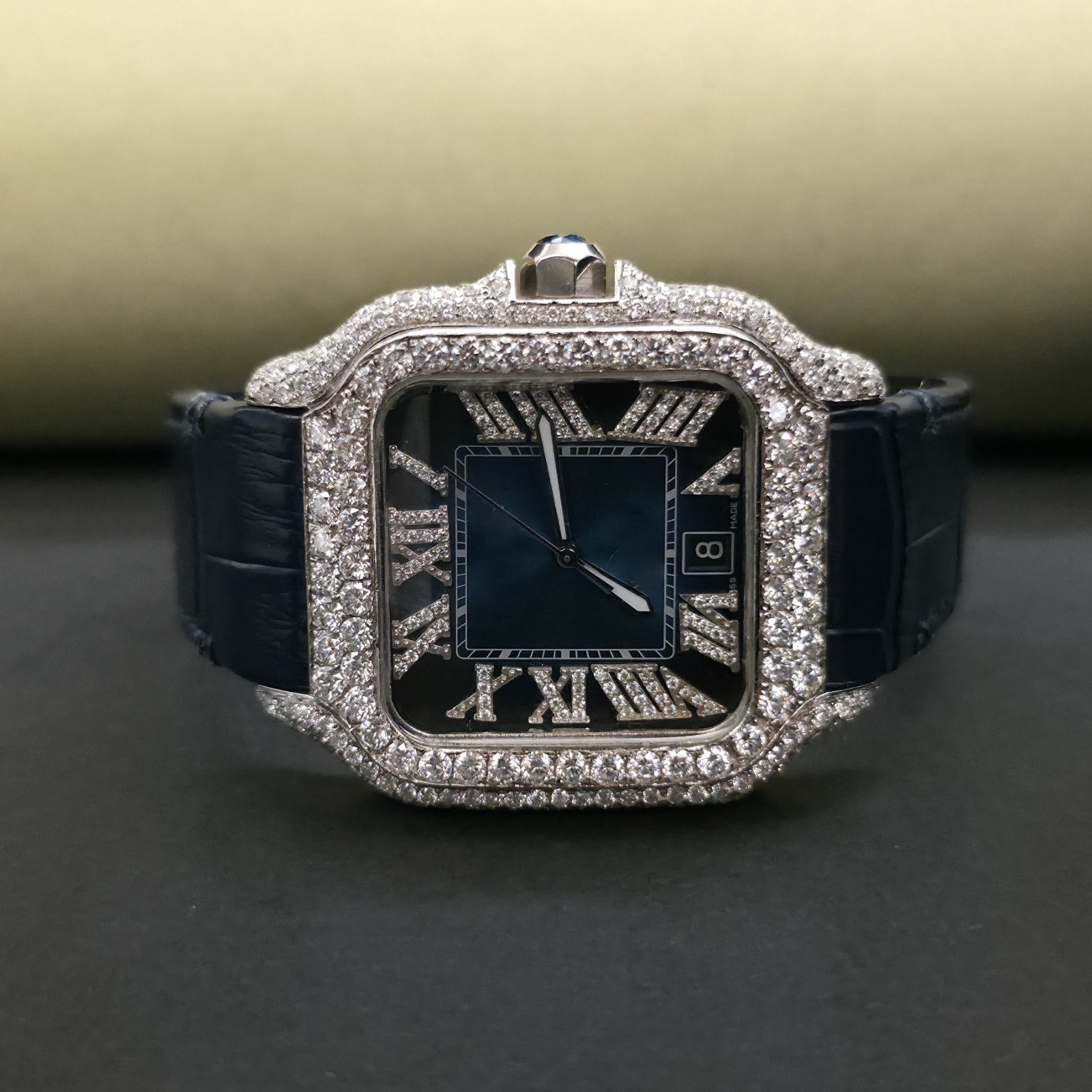 Luxury Custom Half Iced Out Blue Rubber Band Diamond Watch