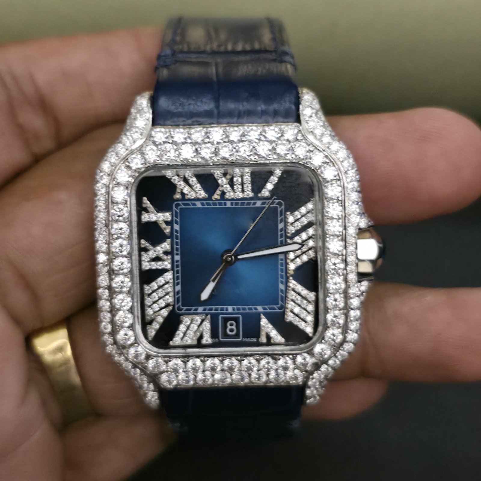 Luxury Custom Half Iced Out Blue Rubber Band Diamond Watch Alternate View