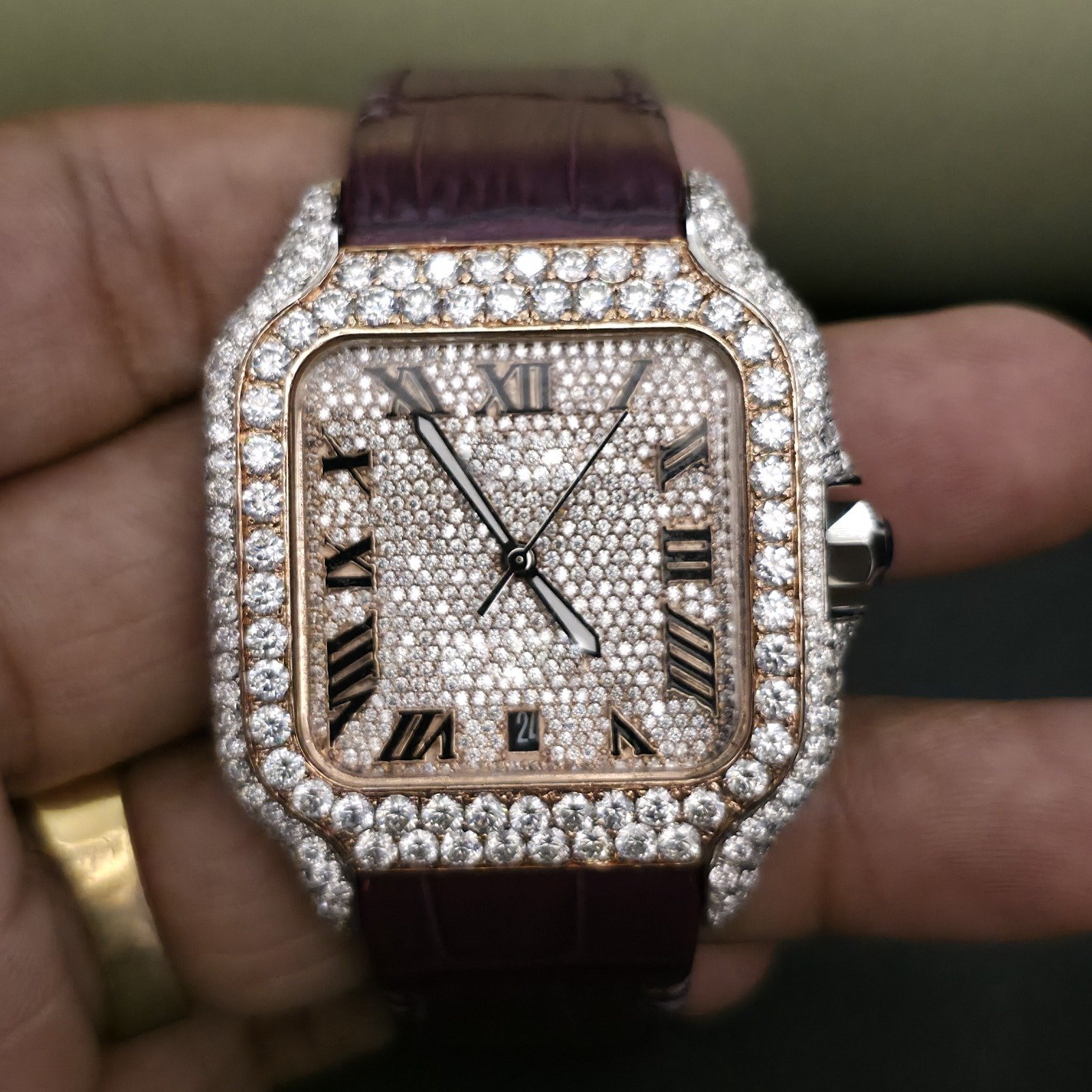 Half Iced Out Rose Gold And White Two Tone Custom Diamond Watch With Brown Rubber Band Alternate View