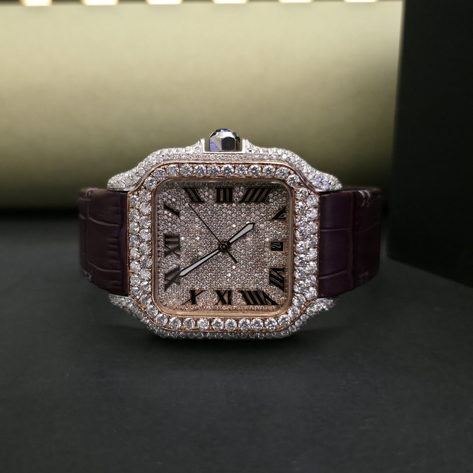 Half Iced Out Rose Gold And White Two Tone Custom Diamond Watch With Brown Rubber Band