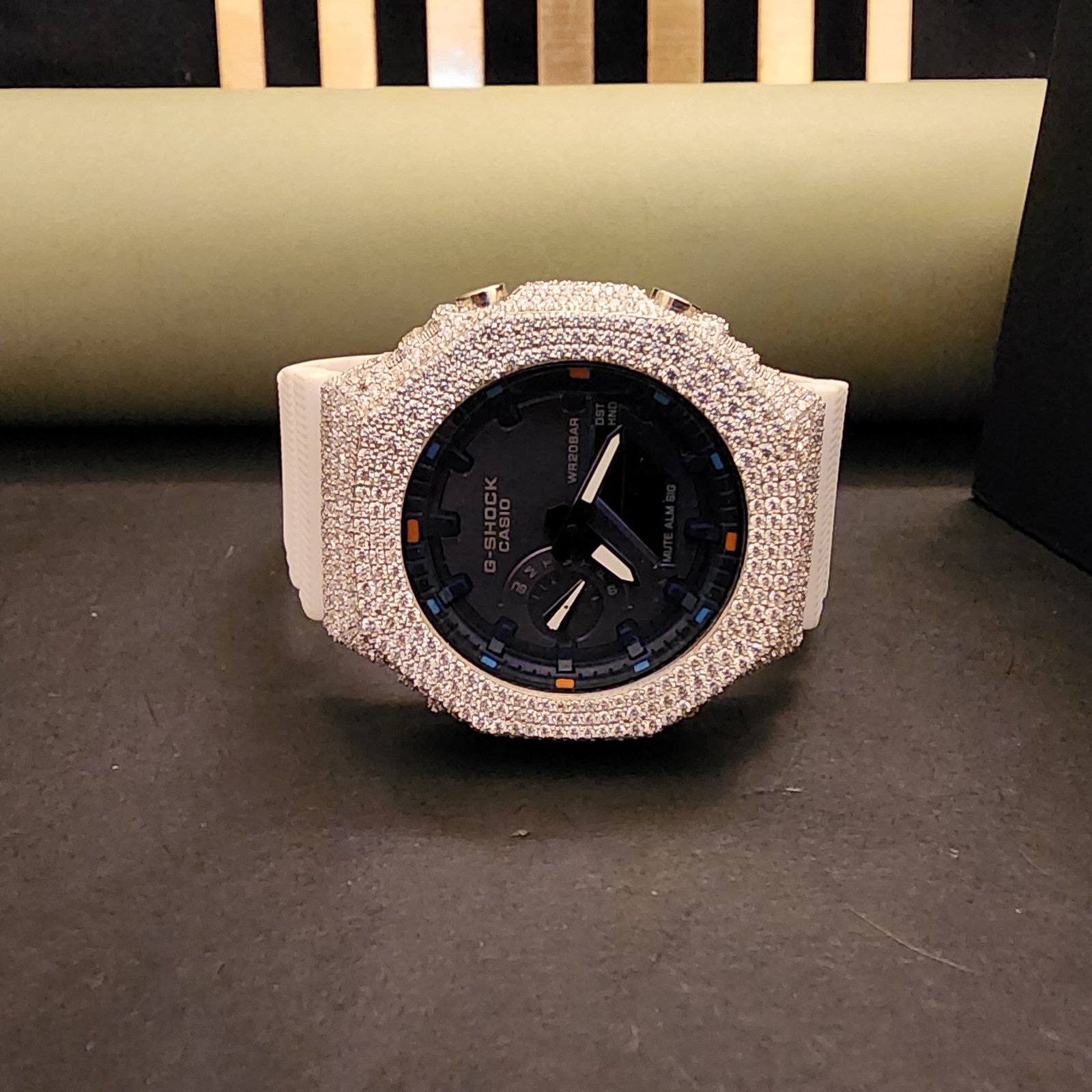 Men's Half Iced Out Black Dial White Rubber Band Pave Diamond Case